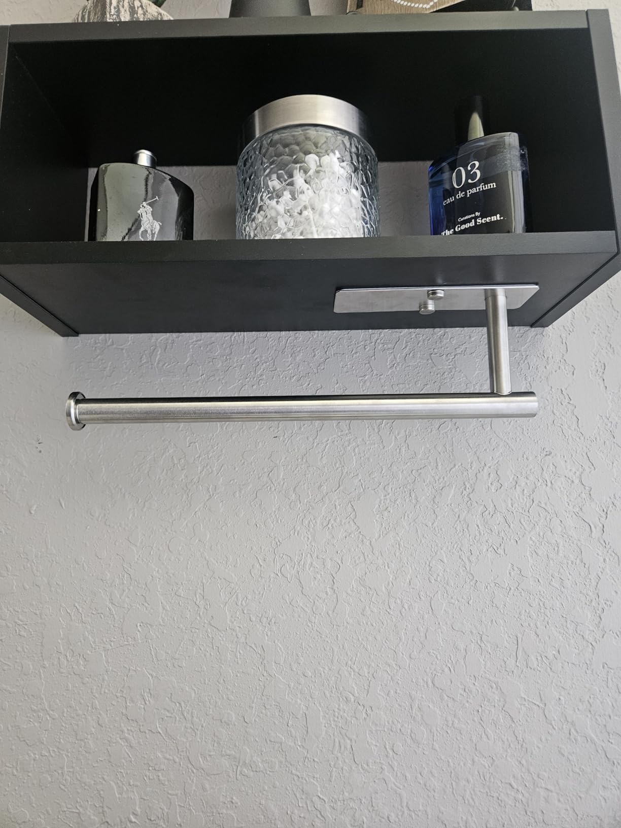 theaoo Paper Towel Holder - Under Cabinet Paper Towel Holder for Kitchen, Adhesive Paper Towel Roll Rack for Bathroom Towel, Wall Mounted Matte Black Paper Towel Rack, SUS304 Stainless Steel customer photo 1