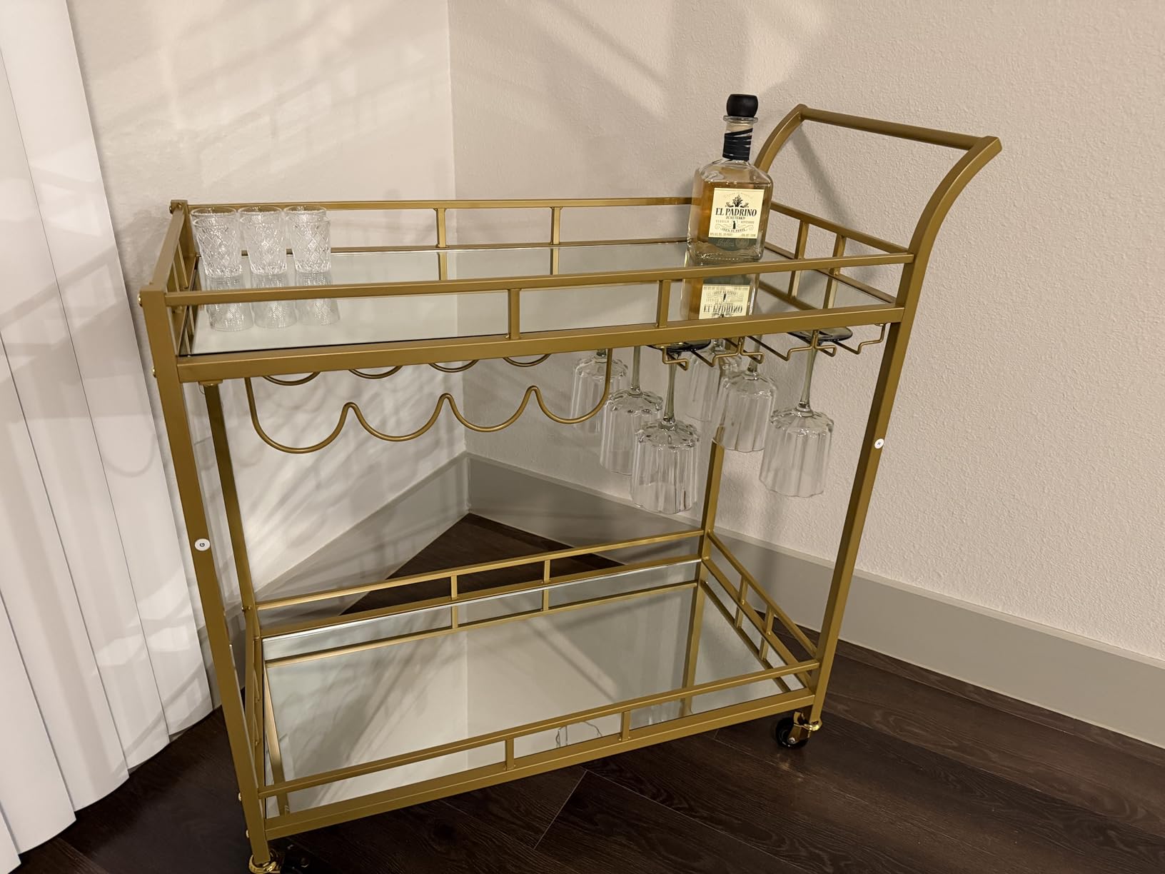 VASAGLE Bar Cart Gold, Home Bar Serving Cart, Wine Cart with 2 Mirrored Shelves, Wine Holders, Glass Holders, for Kitchen, Dining Room, Gold customer photo 2