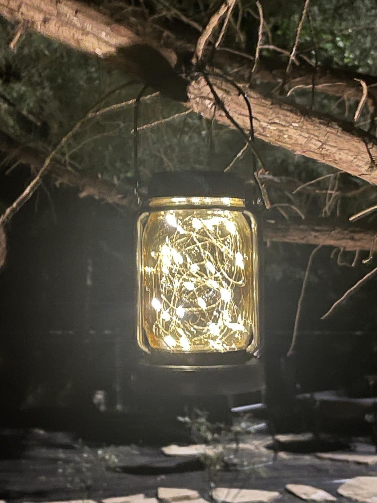 Mlambert 4 Pack Solar Hanging Lantern with Stakes, Outdoor Waterproof Solar Mason Jar Fairy String Lights Decorative Vintage Glass Lamp - Warm White customer photo 1