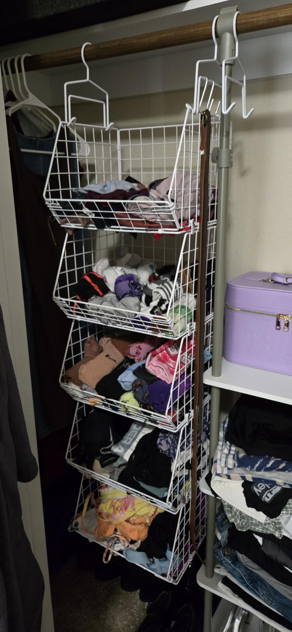 5 Tier Closet Hanging Organizer, Clothes Hanging Shelves with 4 Hanging Hooks 5 S Hooks, Wire Storage Basket Bins customer photo 2
