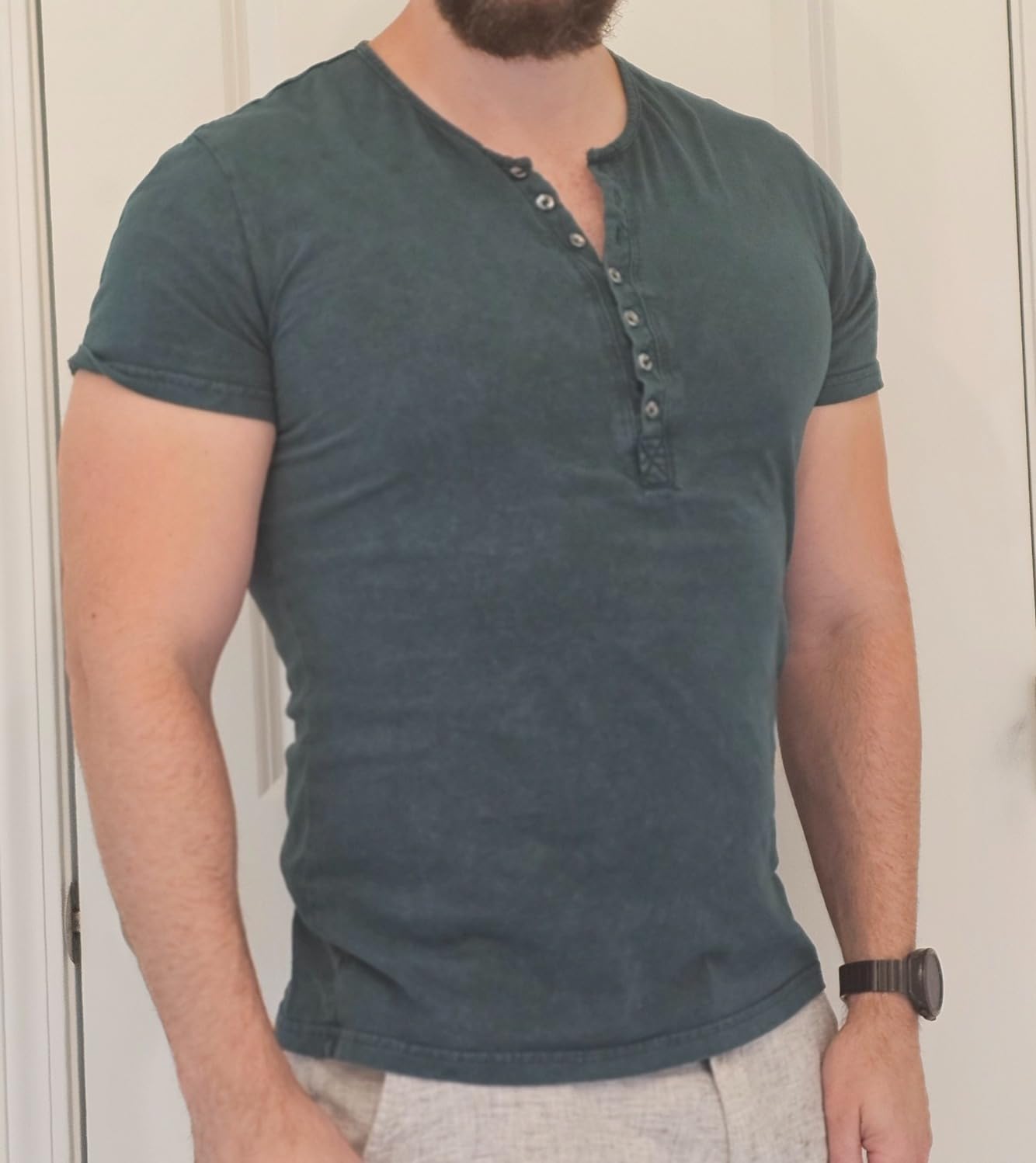 Beotyshow Mens Distressed Henley Shirts Retro Short Sleeve Tee Shirts Casual Button Down Washed T-Shirts for Men customer photo 2