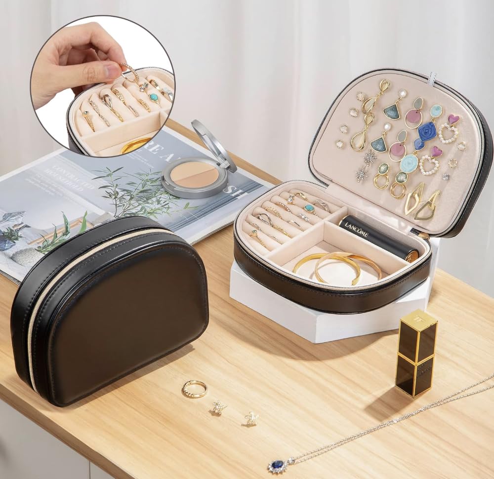 ProCase Travel Size Jewelry Box, Medium Portable Seashell-Shaped Jewelry Case, 2 Layer Jewelry Organizer in PU Leather for Women - Black customer photo 1