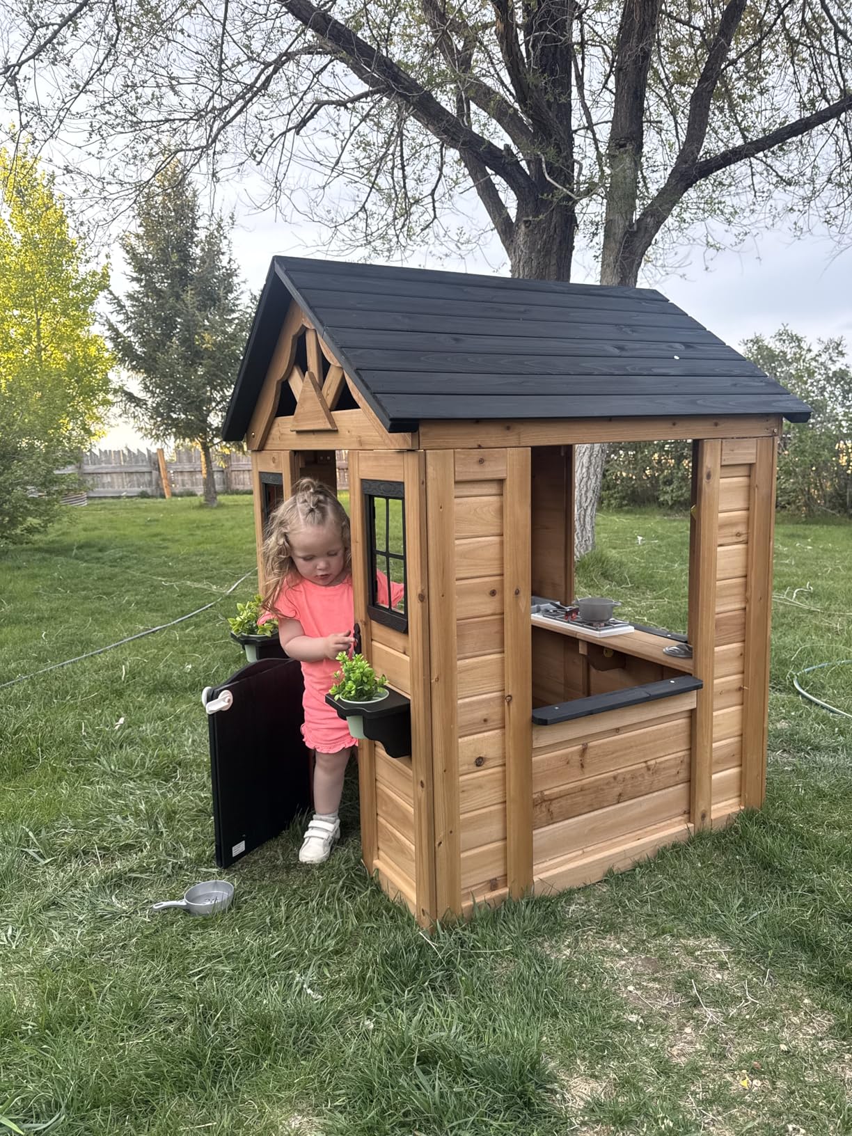 Backyard Discovery Sweetwater White Cedar Wooden Kids Playhouse Cottage with Play Kitchen, Snack Bar, Half Door, Toy Phone, Windows, Flowerpot Holders, Working Doorbell customer photo 1