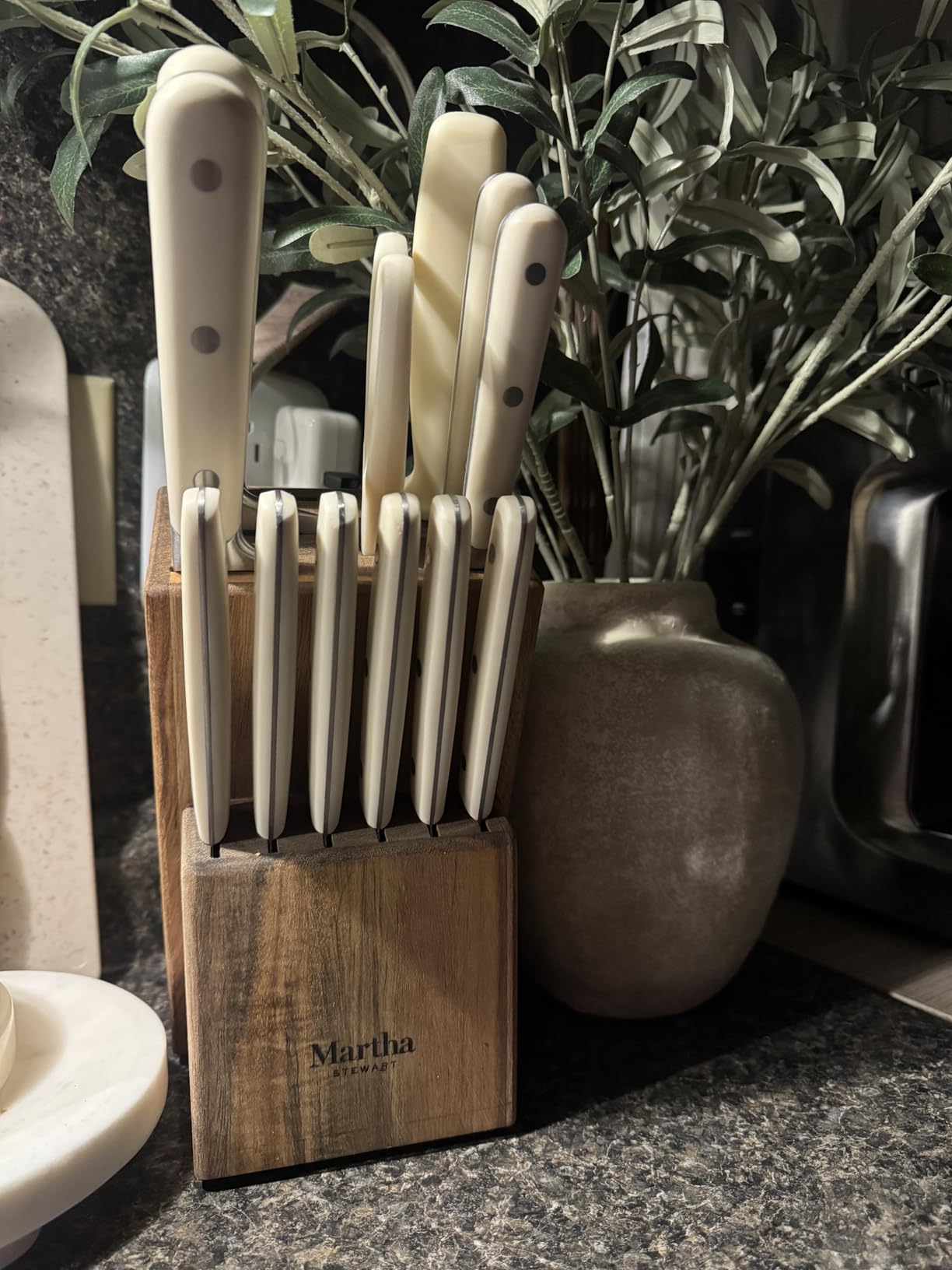 MARTHA STEWART Eastwalk 14 Piece High Carbon Stainless Steel Cutlery Kitchen Knife Block Set w/ABS Triple Riveted Forged Handle Acacia Wood Block - Linen White customer photo 1