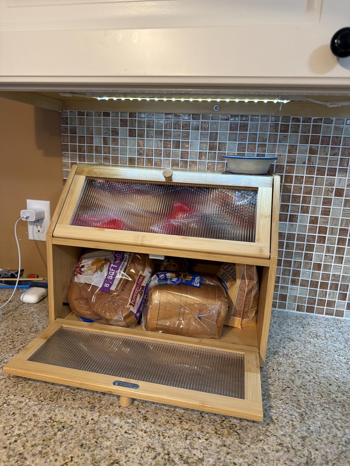 Bread Box for Kitchen Counter, Large Bamboo Wood Double Layer Bread Box, Wooden Bread Storage Capacity customer photo 1