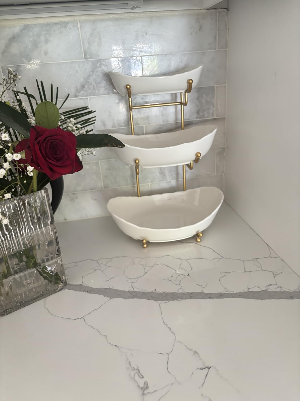 Ceramic Fruit Bowl for Kitchen Counter - 3 Tier Fruit Basket with Metal Stand, Tiered Fruit Stand for Countertop, Snack, Nuts, Cake, Dessert, Cute (Gold, Small) customer photo 1