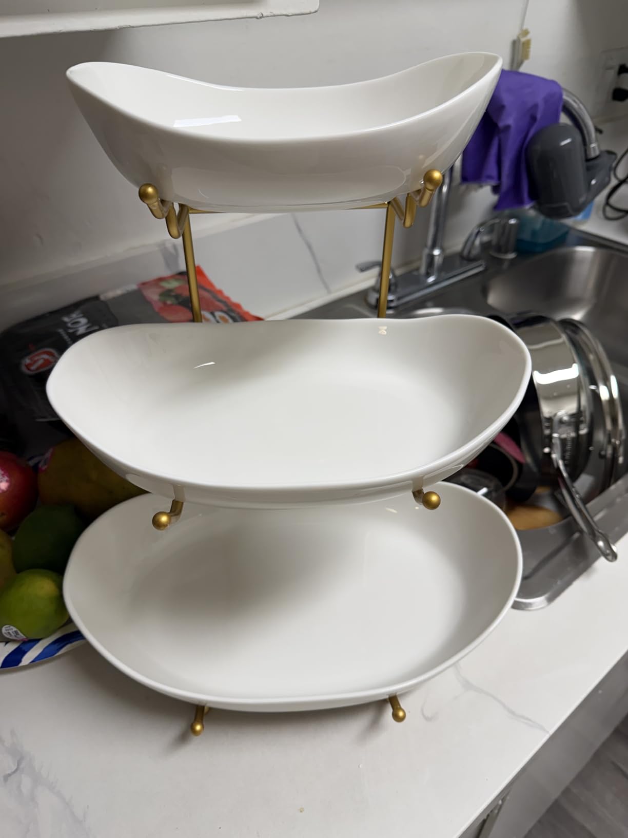 Ceramic Fruit Bowl for Kitchen Counter - 3 Tier Fruit Basket with Metal Stand, Tiered Fruit Stand for Countertop, Snack, Nuts, Cake, Dessert, Cute (Gold, Small) customer photo 2