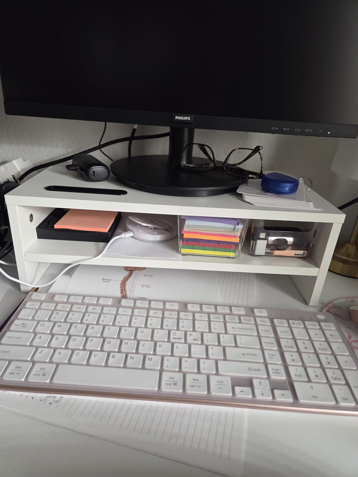 BONTEC Wooden Monitor Stand Riser, 2-Tier Desk Shelf with Storage Organizer, Ergonomic Computer Stand with Cable Management, Cellphone Holder, White, 16.5 Inch customer photo 2