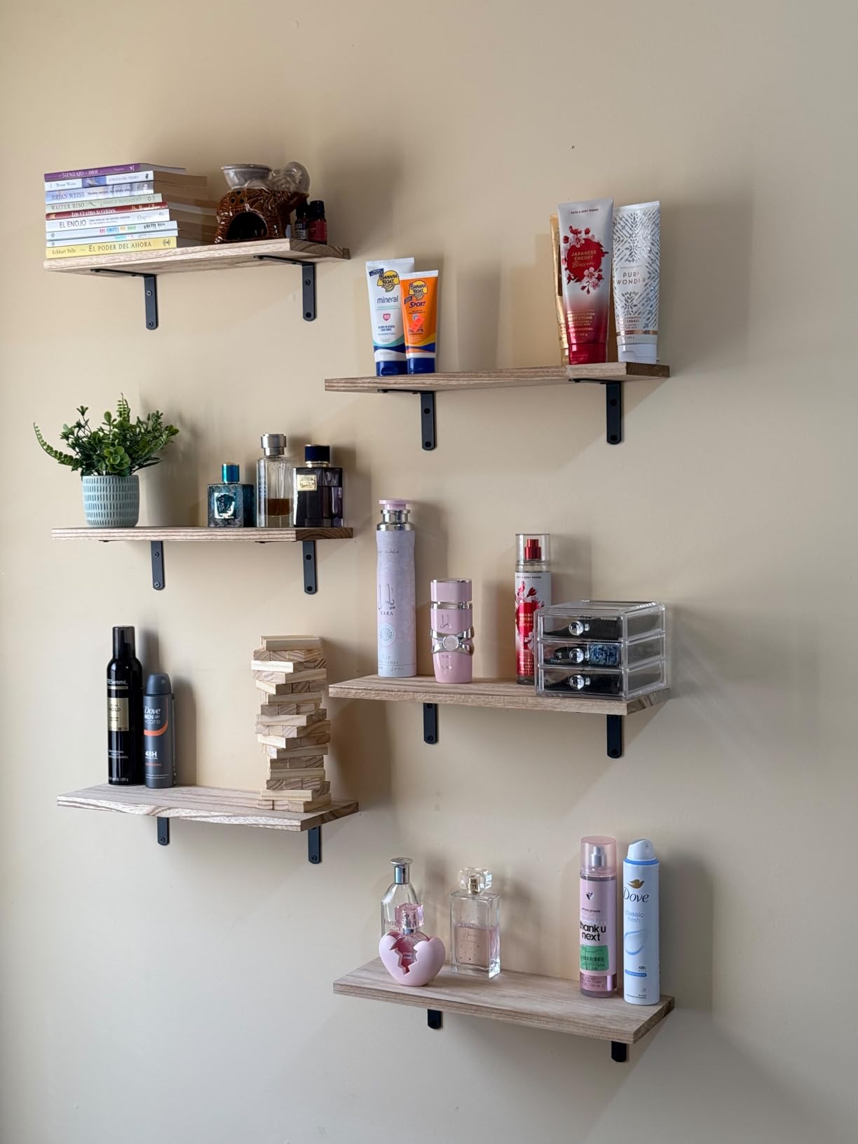 WOPITUES Wood Floating Shelves Set of 6, Shelves for Wall Decor, Farmhouse Shelf for Bedroom, Bathroom Storage Shelves, Book Shelves for Living Room - Rustic Brown customer photo 1