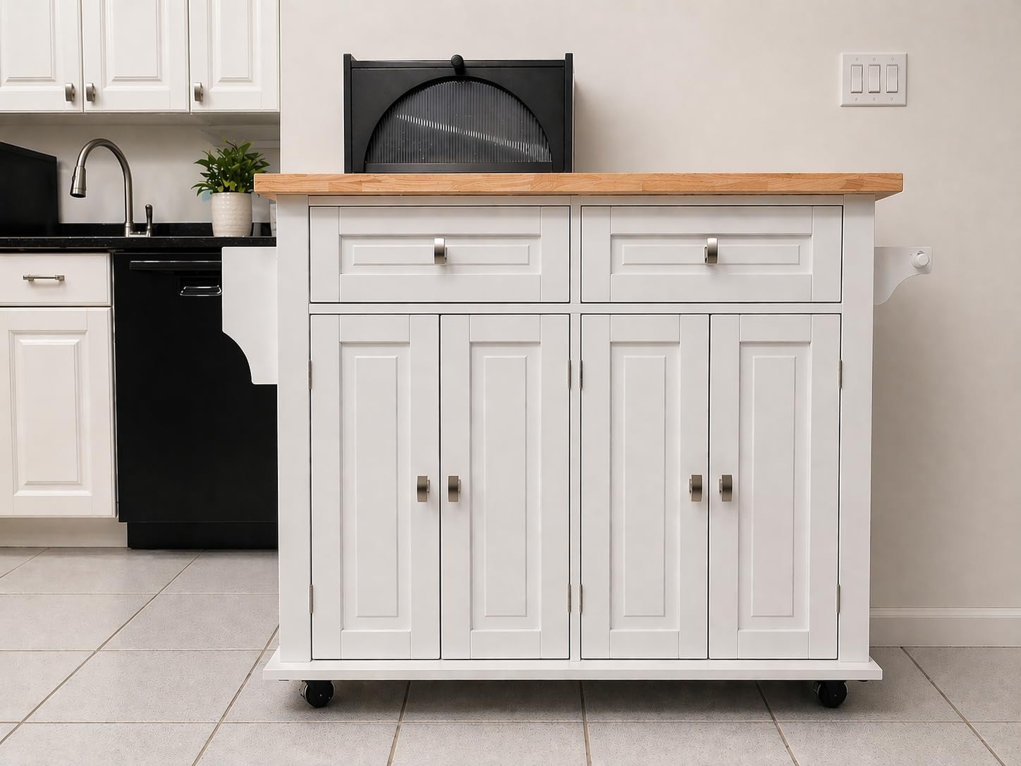 VEVOR Kitchen Island Cart with Solid Wood Top, 35.4 Width Mobile Carts with Storage Cabinet, Rolling Kitchen Table with Spice Rack, Towel Rack, and Drawer, Portable Islands on Wheels, White customer photo 2