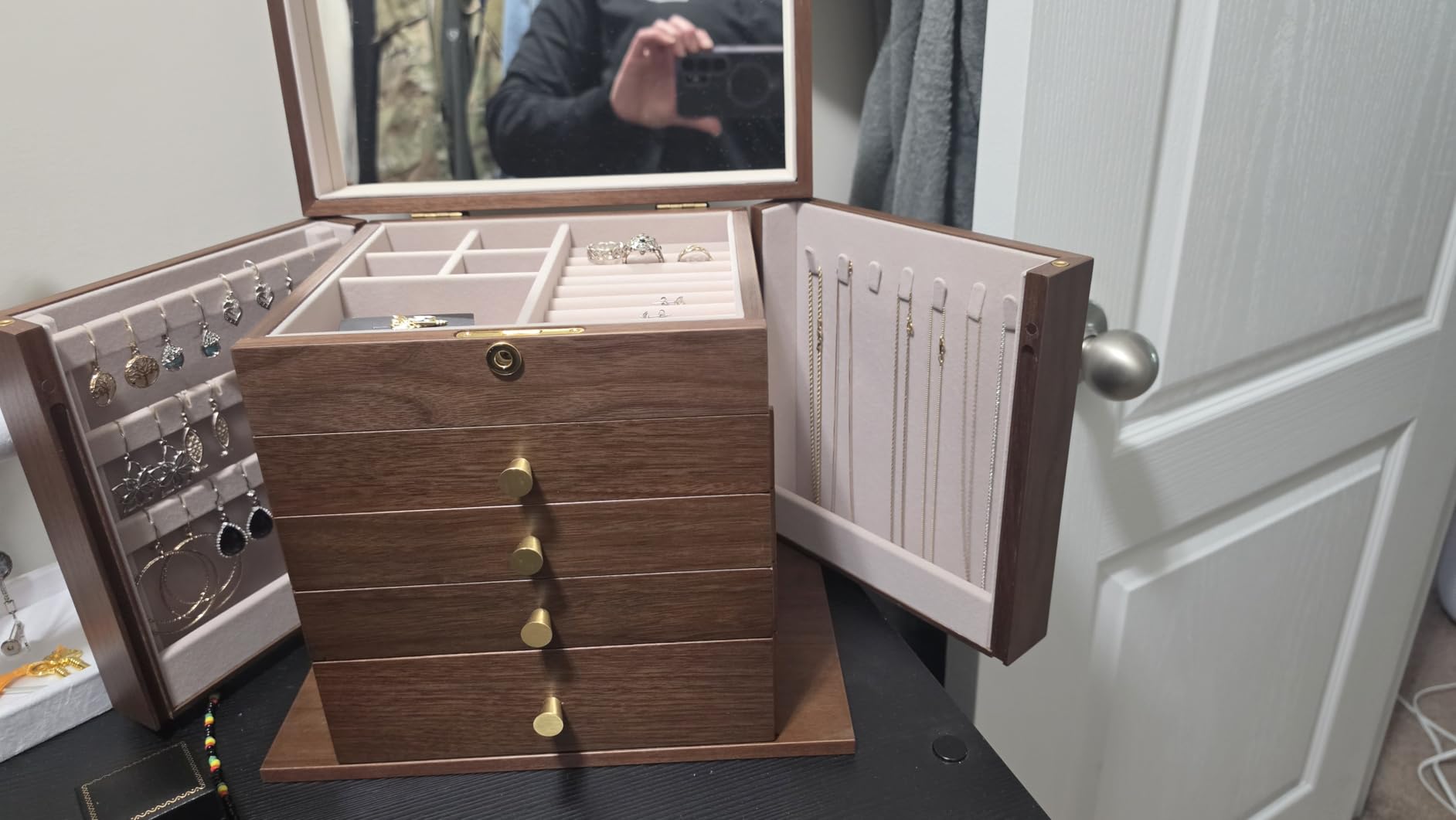 Black Walnut Wooden Jewelry Box Wood Jewelry Organizer with 2 Side Doors Mirror Lockable Classical Style for Watch Necklace Ring Earring Storage, Fathers Day Gift-5 Layer customer photo 1