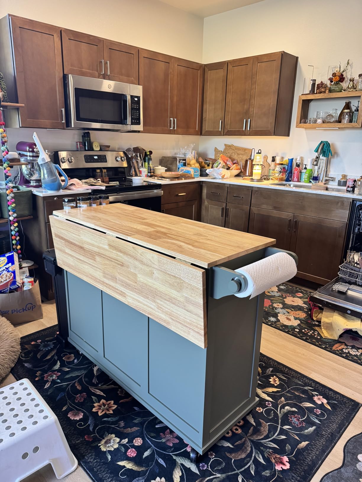 Homestyles Mobile Kitchen Island Cart with Wood Top and Dropleaf Breakfast Bar, 18 D x 53.5 W x 36 H, Green customer photo 2