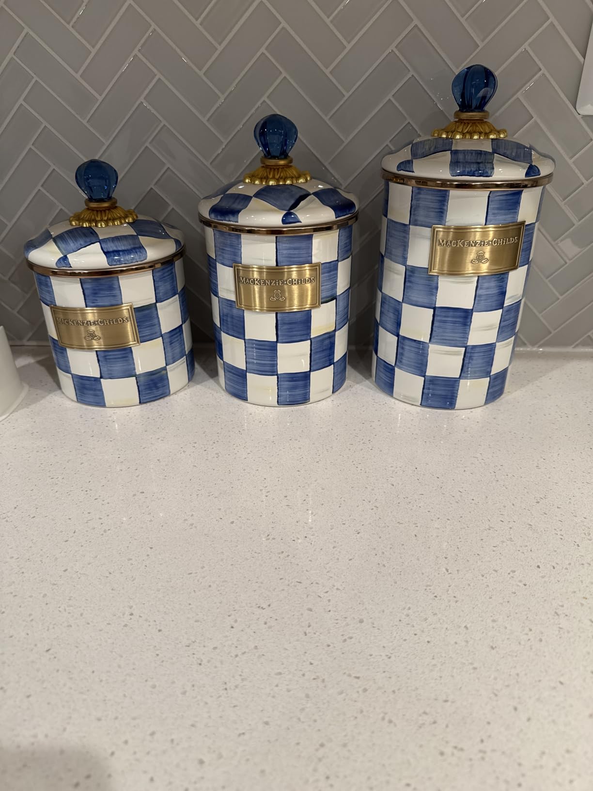 MACKENZIE-CHILDS Enamel Canister Set, Small (38 oz.), Medium (48 oz.), and Large (64 oz.) Kitchen Containers, Black-and-White Courtly Check customer photo 1