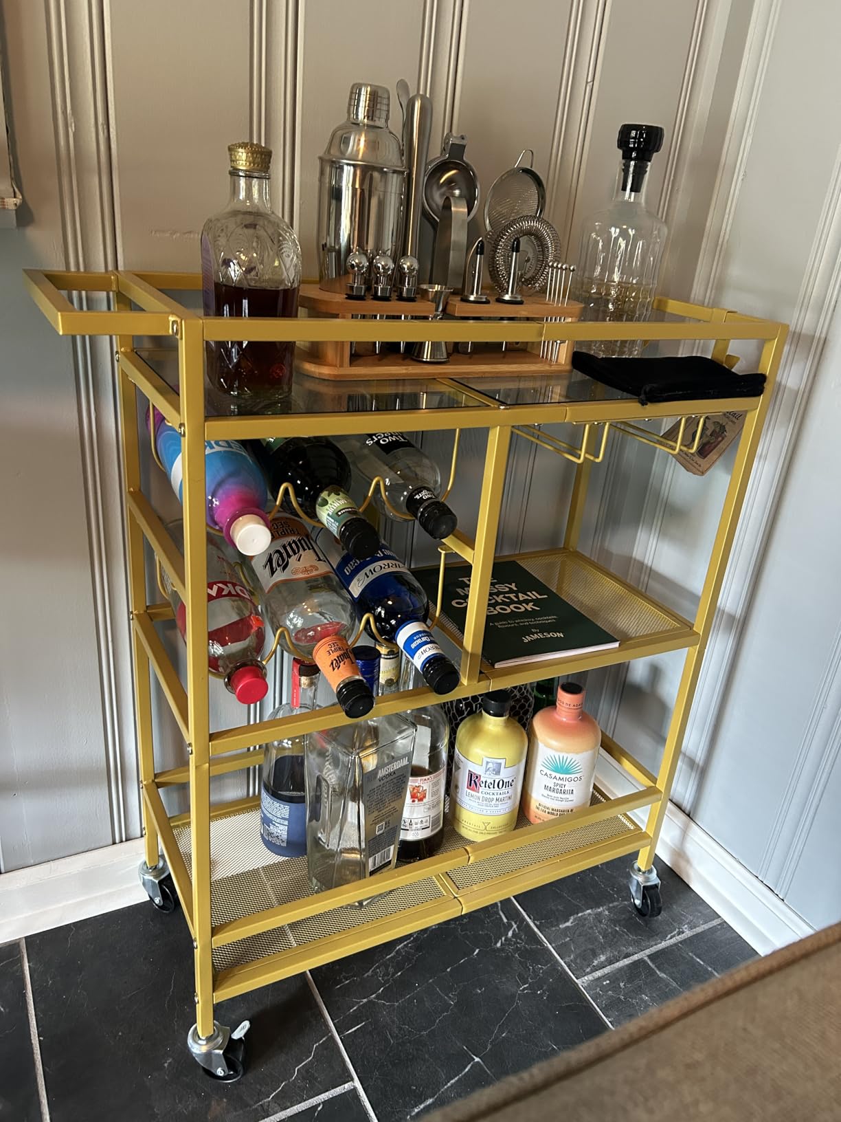 MAHANCRIS Bar Cart for Home, 3-Tier Serving Cart with Wheels and Handle, Beverage Cart with Wine Rack and Glass Holders, Rolling Wine Cart for Kitchen, Dining Room, Gold customer photo 1