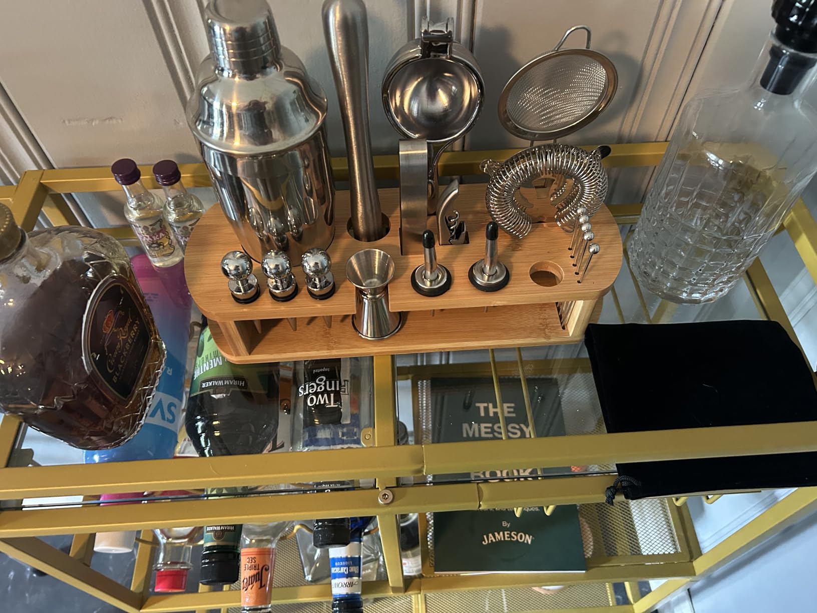 MAHANCRIS Bar Cart for Home, 3-Tier Serving Cart with Wheels and Handle, Beverage Cart with Wine Rack and Glass Holders, Rolling Wine Cart for Kitchen, Dining Room, Gold customer photo 2