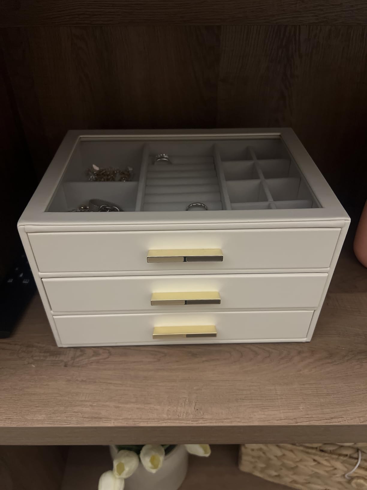 VLANDO Jewelry Box for Women, Glass Lid Jewelry Organizer with 3 Drawers for Necklaces Rings Earrings Bracelets Mother Day Gift for Mom - Cloud White customer photo 1