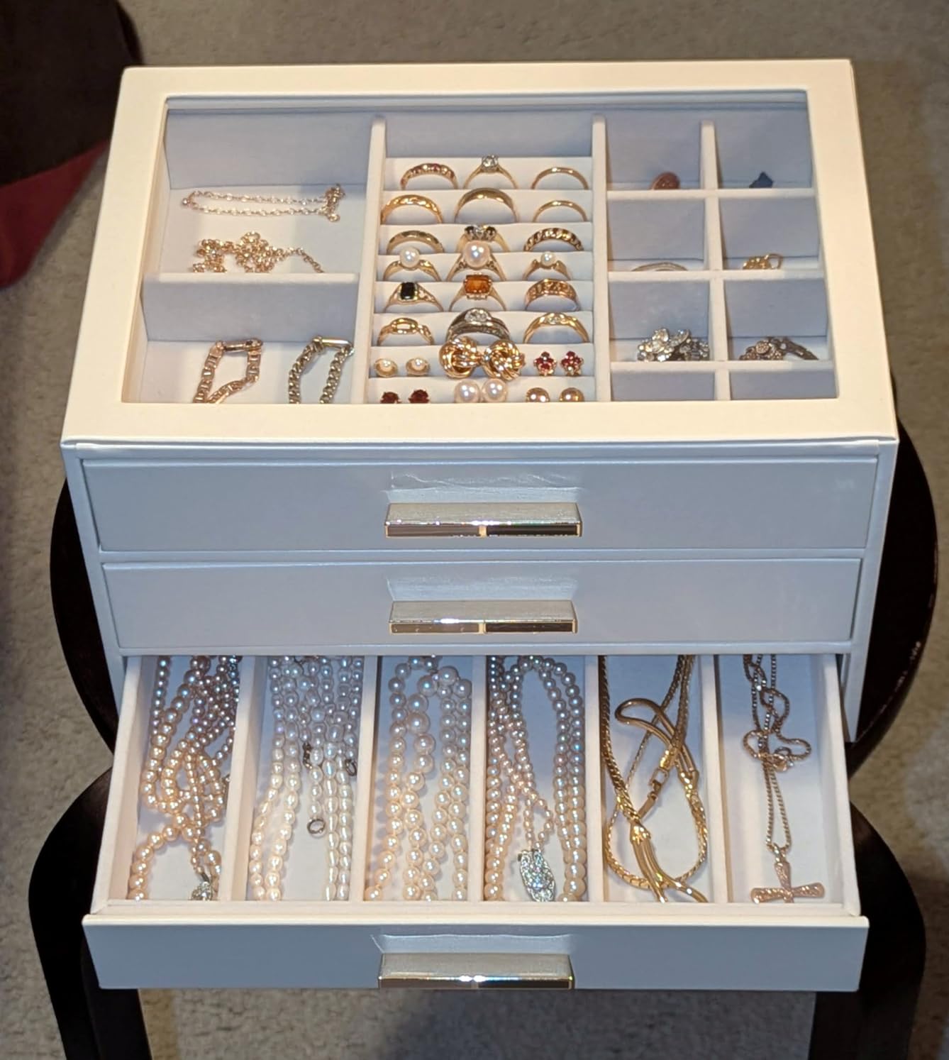 VLANDO Jewelry Box for Women, Glass Lid Jewelry Organizer with 3 Drawers for Necklaces Rings Earrings Bracelets Mother Day Gift for Mom - Cloud White customer photo 2