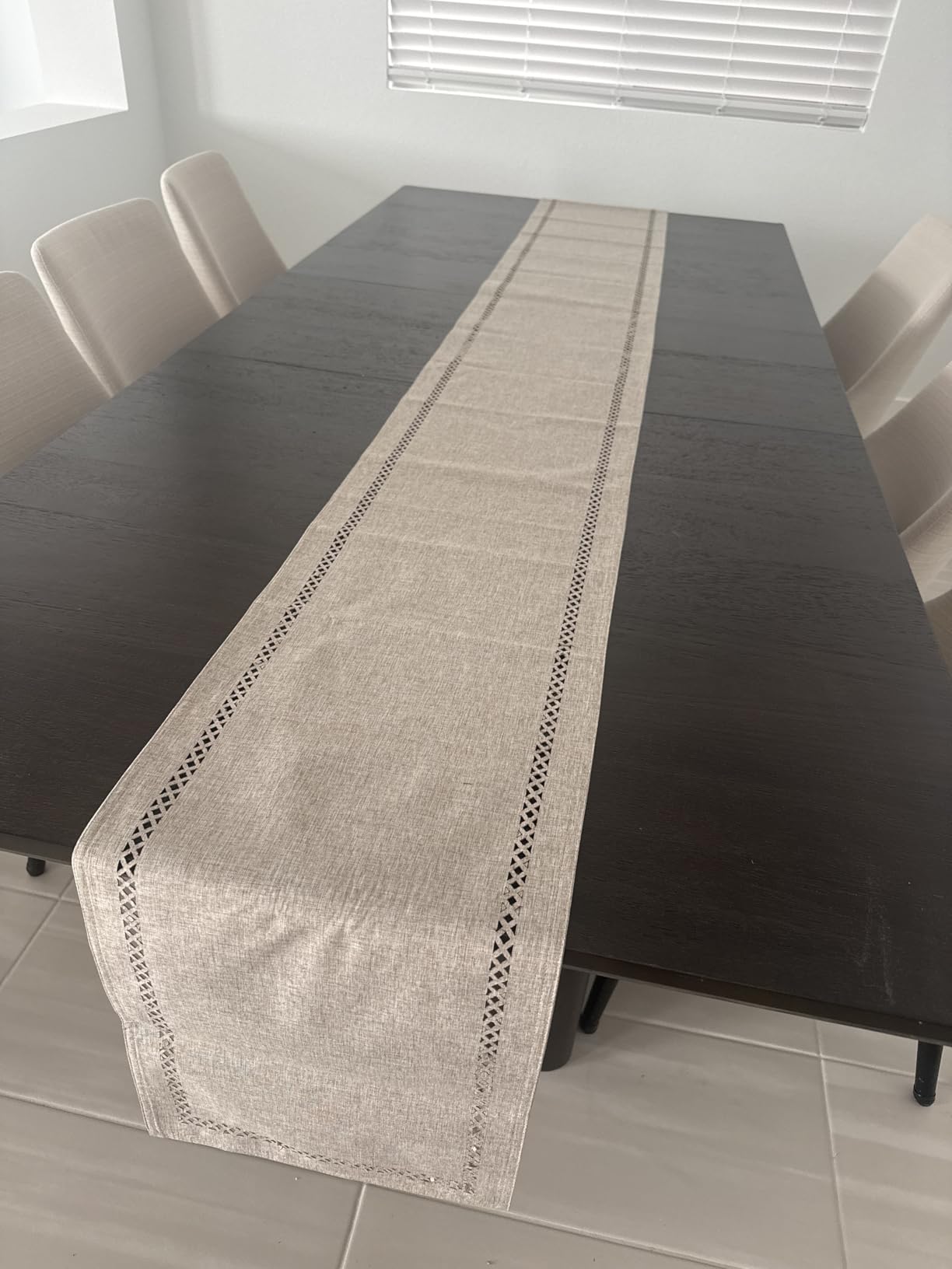 Burlap Style Farmhouse Table Runner, 13 x 90 Inch Coffee, Rustic Geometric Hollow Table Runners 90 Inches Long for Dresser Table Everyday Use, 13x90 Inches, Coffee customer photo 2
