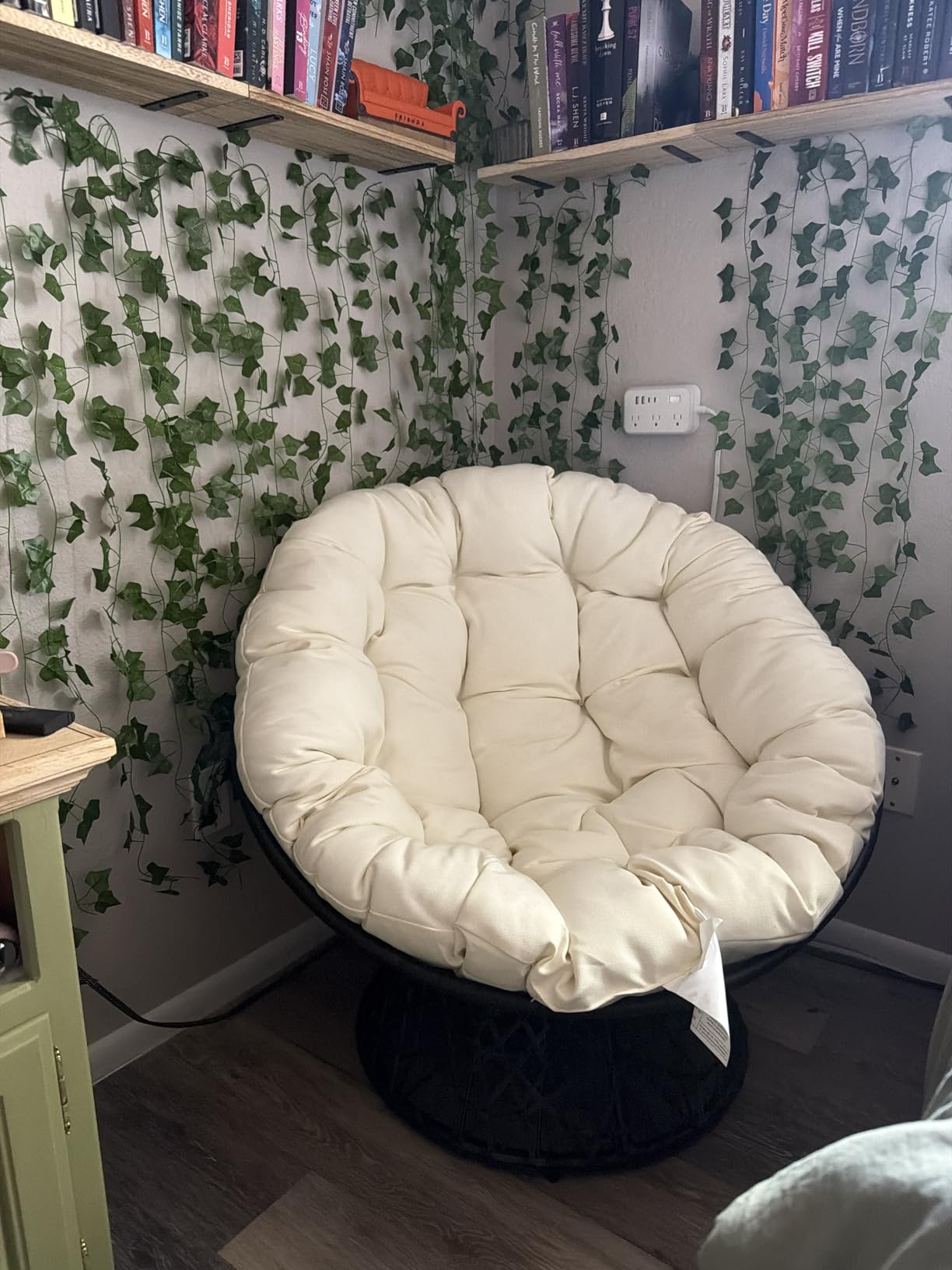 Bme Metal Oversized Swivel Papasan Chair, Living Room Chair with Beige Cushion, Brown Frame, 360° Swivel, Skillfully Woven Resin Wicker, 46 Inch Wide, Bee-Designed Base, Modern Style, Indoor Use customer photo 2