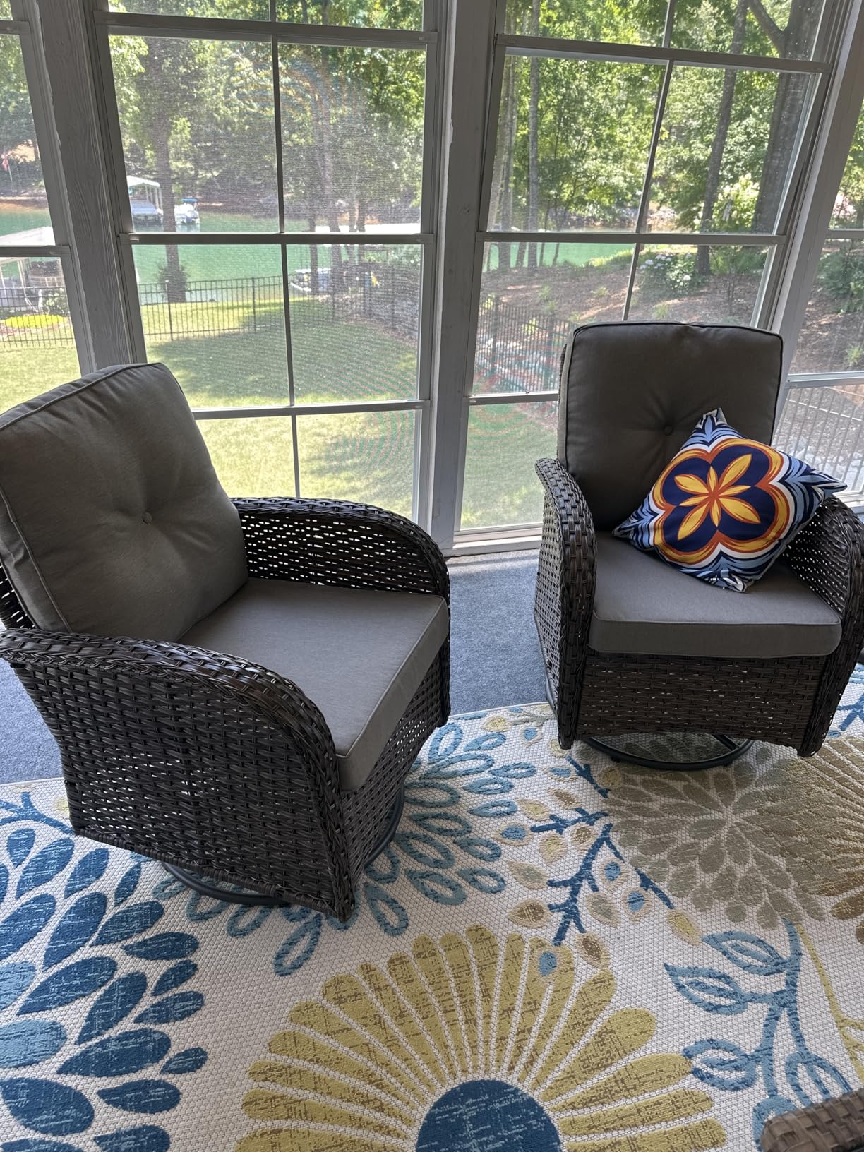 2 in 1 Porch Glider Swivel Chair - Wicker Patio Furniture Outdoor Swivel Rocker Chair with Thick Cushion, 300 Lb Weight Capacity Patio Swivel Glider Seating - Brown Wicker, Grey Cushion customer photo 1