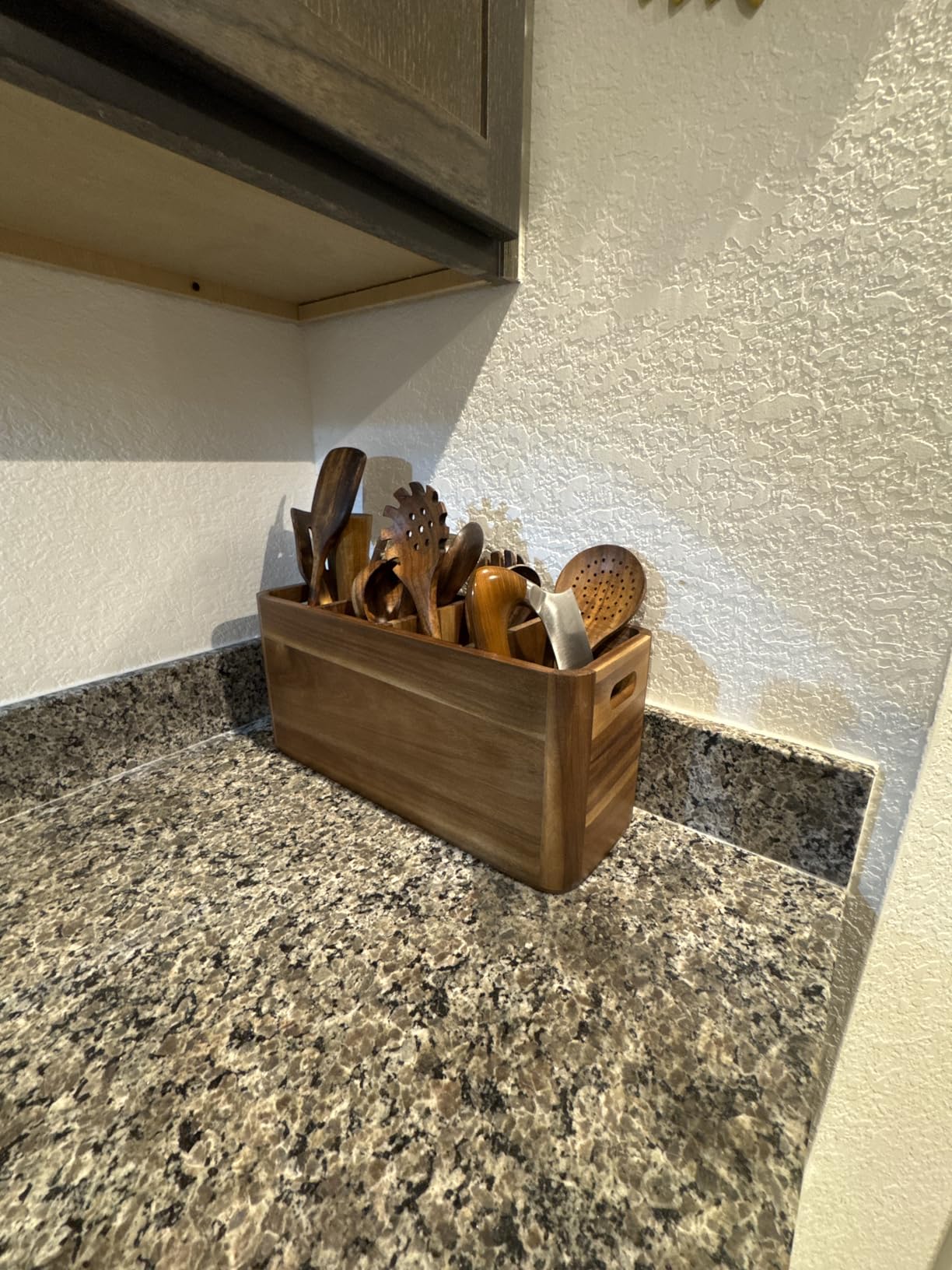 Wooden Kitchen Utensil Holder Organizer for Counter or Countertop, Large Wooden Utensil Holder for Storage Cooking and Silverware with 4 Compartment, Acacia Rustic Wood Container Extra Large customer photo 1