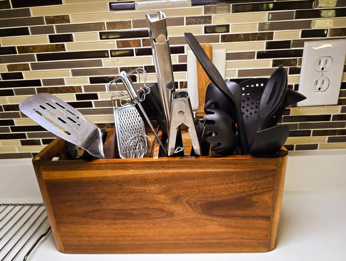 Wooden Kitchen Utensil Holder Organizer for Counter or Countertop, Large Wooden Utensil Holder for Storage Cooking and Silverware with 4 Compartment, Acacia Rustic Wood Container Extra Large customer photo 2