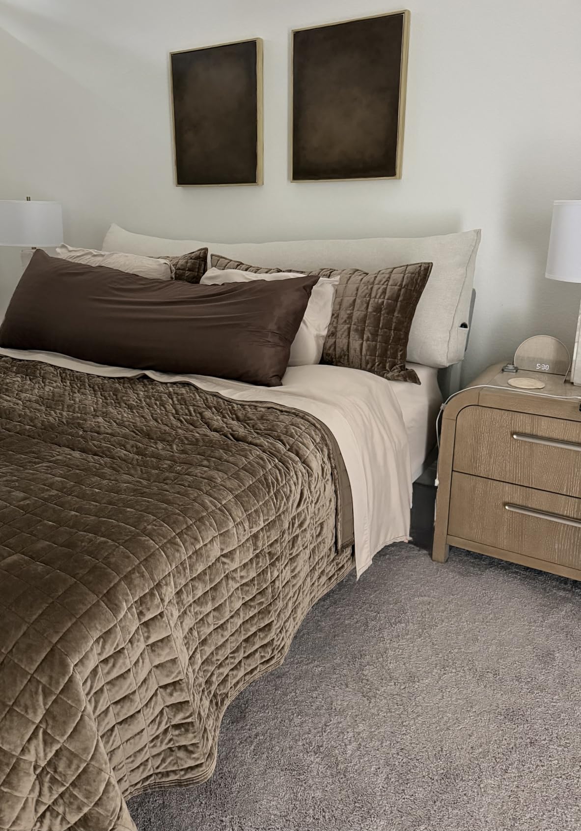RECYCO Luxury Velvet Quilt Set Full Queen Size Bedding Sets, Ultra Soft Velvet Comforter Set, Lightweight Channel Box Stitch Oversized Bedspread Coverlet for All Season, with 2 Shams, Urban Taupe customer photo 1