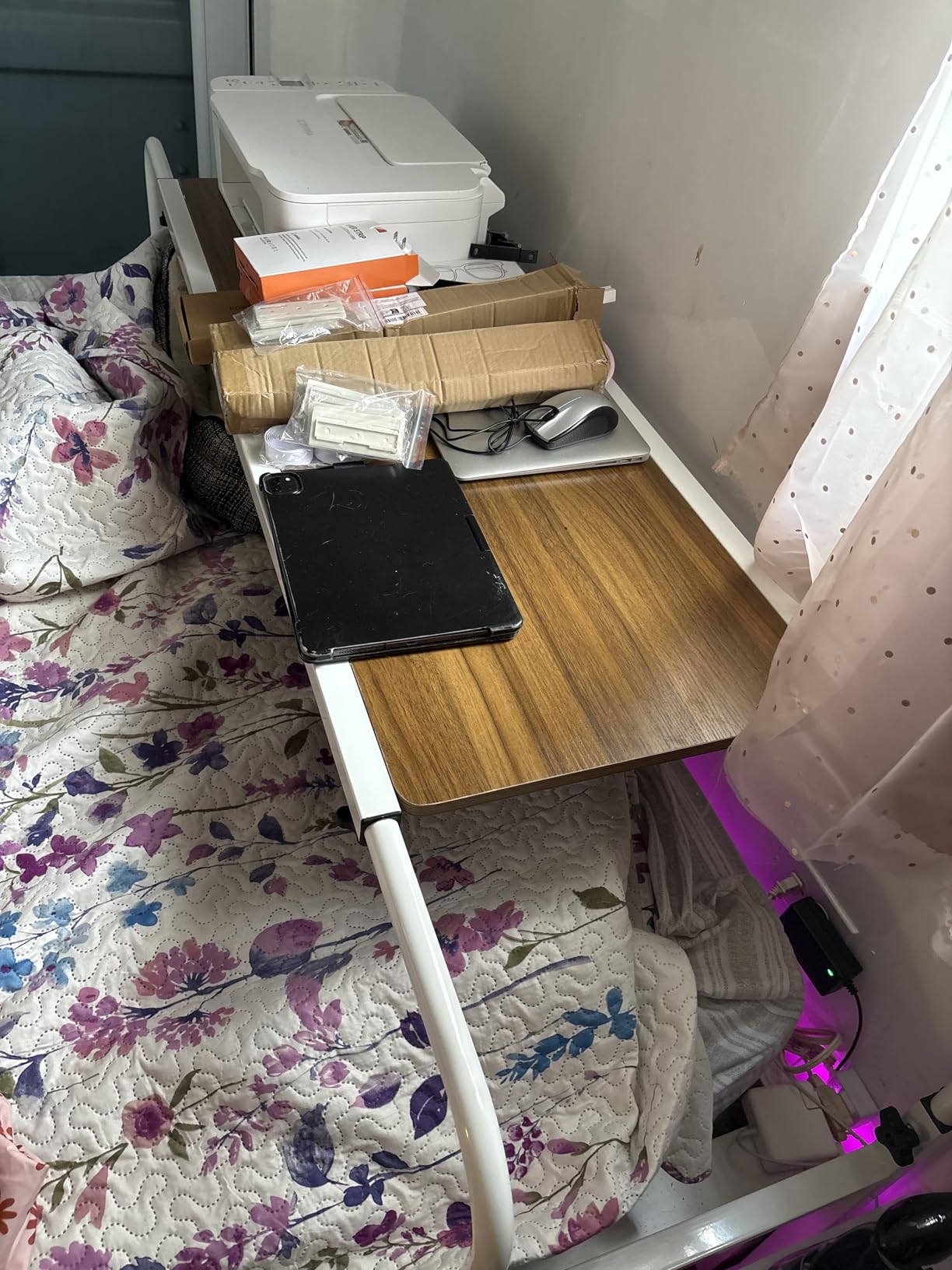 TigerDad Tilt Overbed Table with Wheels, Height Adjustable Rolling Desk for King Queen Bed, Tilting Laptop Cart Mobile Computer Workstation, Dekuwood customer photo 2