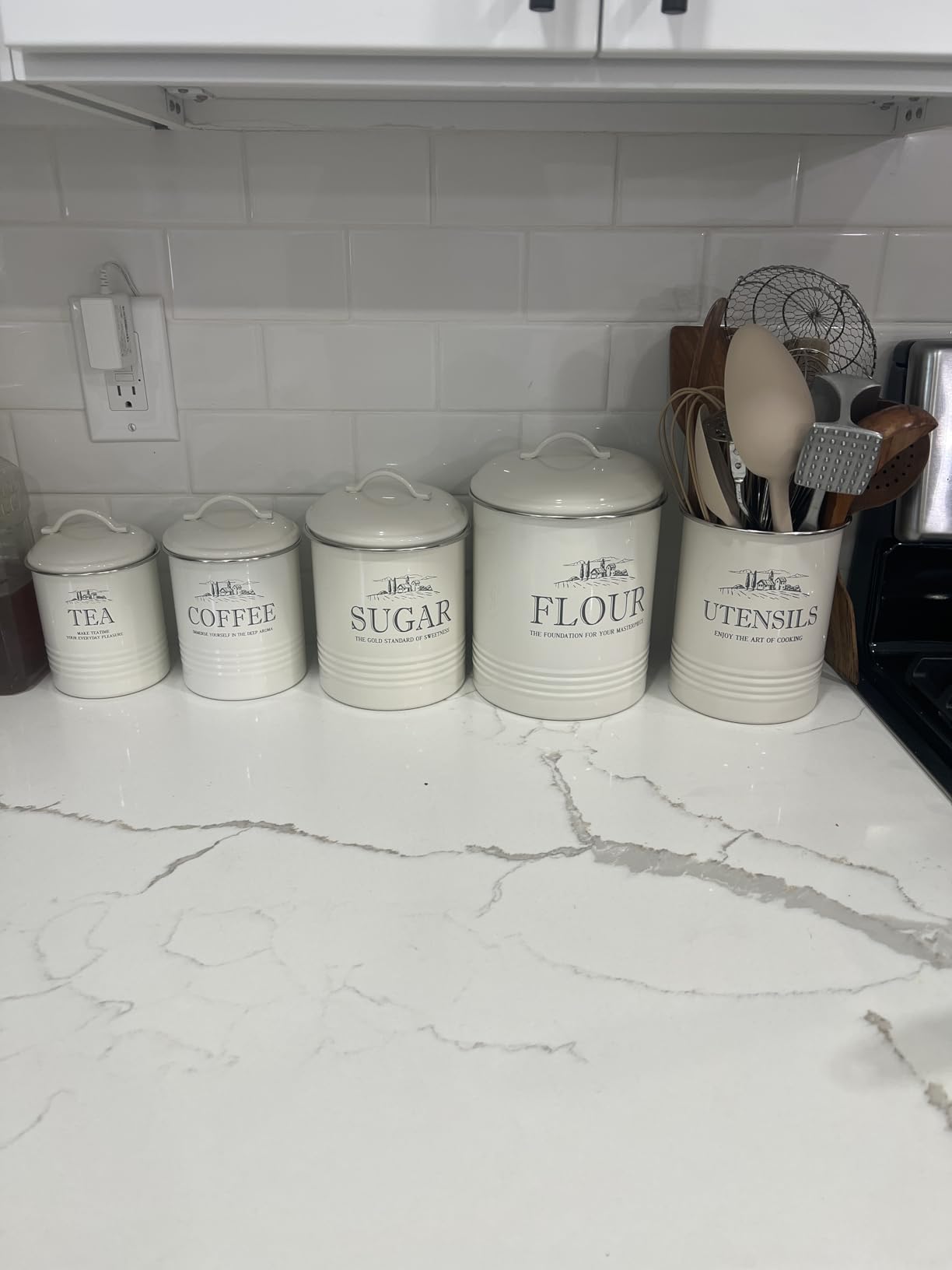 noonberry Kitchen Canisters for Countertop - 5-Piece Airtight Flour Sugar Coffee Tea Kitchen Canister Set with Utensil Holder - Cream-White Finish customer photo 1