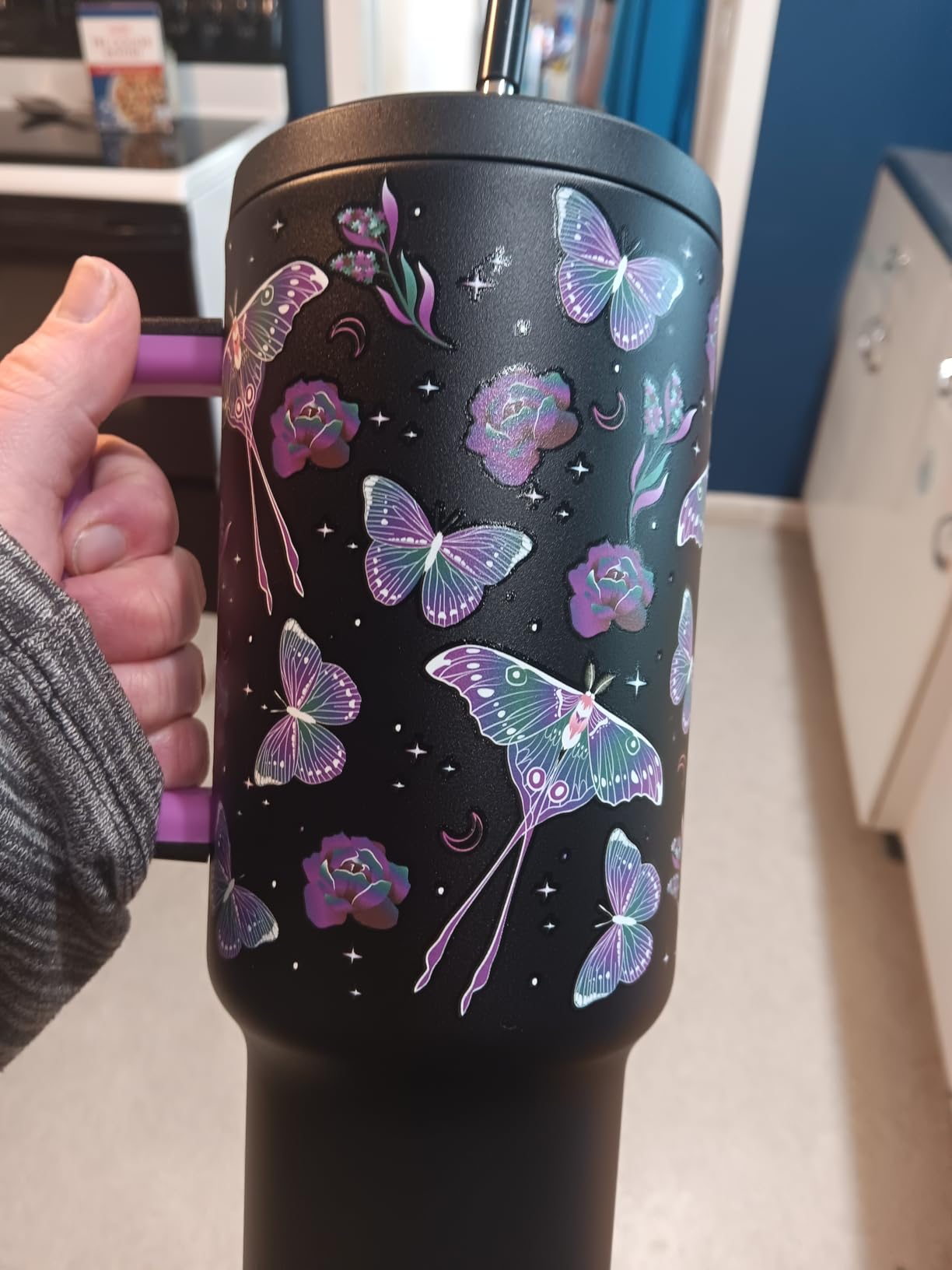 Meoky 40 oz Glow in the Dark Tumbler with Handle and Straw, Tumbler with Lid and Straw, Insulated Stainless Steel Travel Mug, 100% Leak-proof, Keeps Cold for 34 Hours (Butterfly) customer photo 1