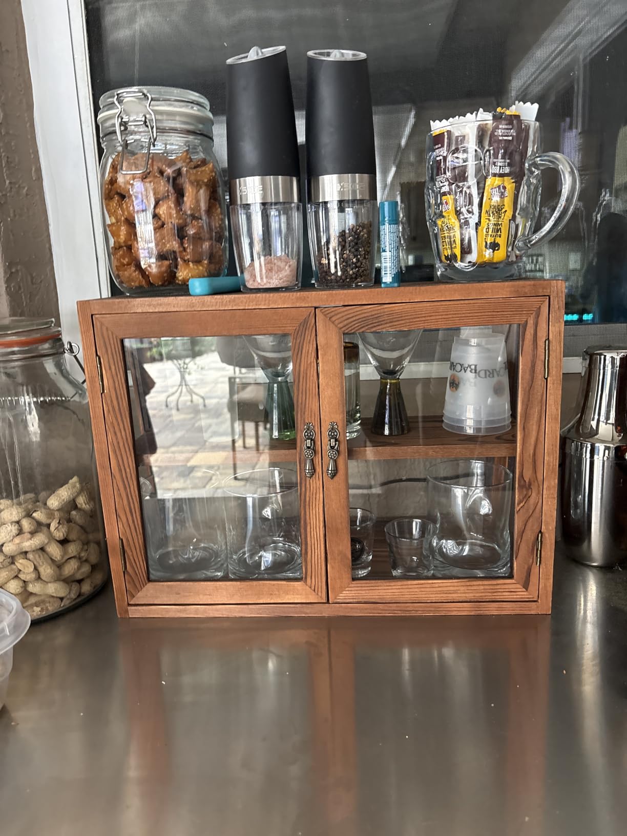 MOOCA Wood and Glass Display Case with Double Doors, Adjustable 2-Level Collection Display Case for Mini Funko Pop Figures, Bakery Pastry Container, Jewelry Organizer Storage, Brown Color customer photo 1