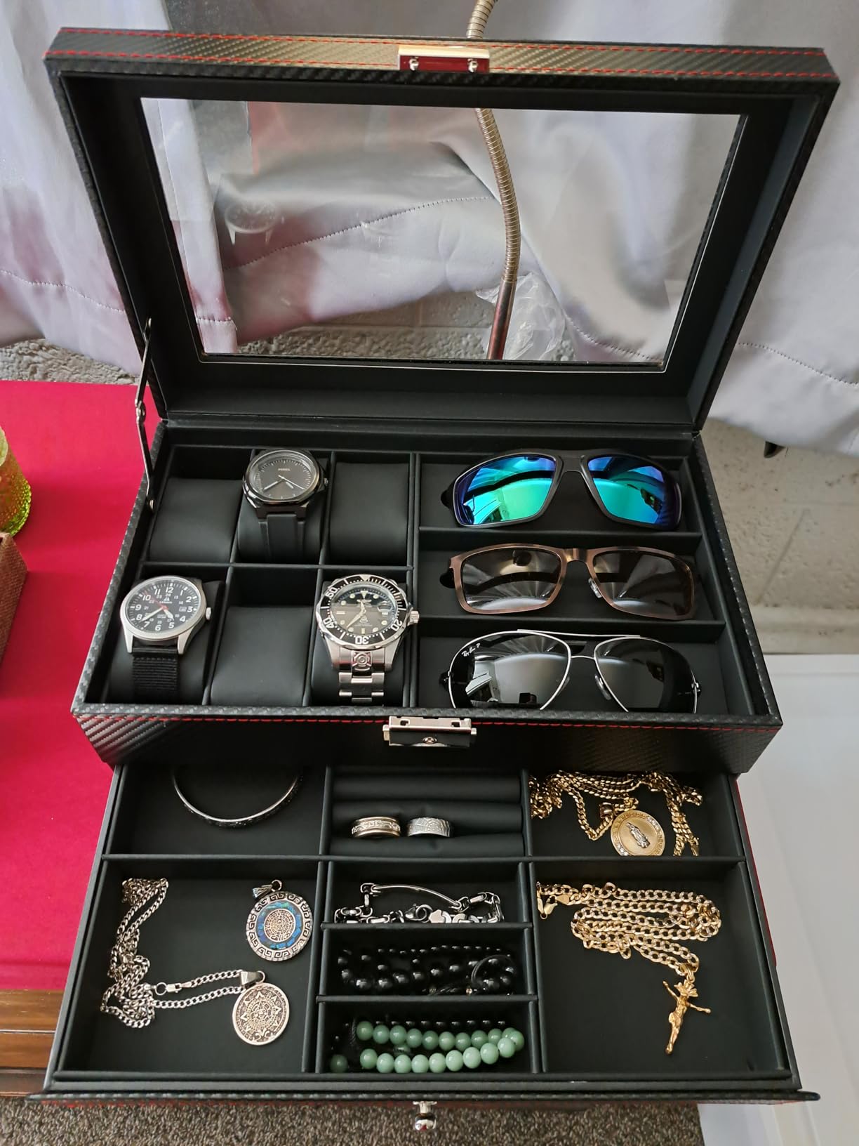 Kukikan Watch Jewelry Box Organizer, 6-Slot 2-Layer Watch Case and Sunglasses Storage with Large Glass Lid, Men's Jewelry Box with Lock, Watch Holder Display Case, Fathers Day Gift for Dad customer photo 1