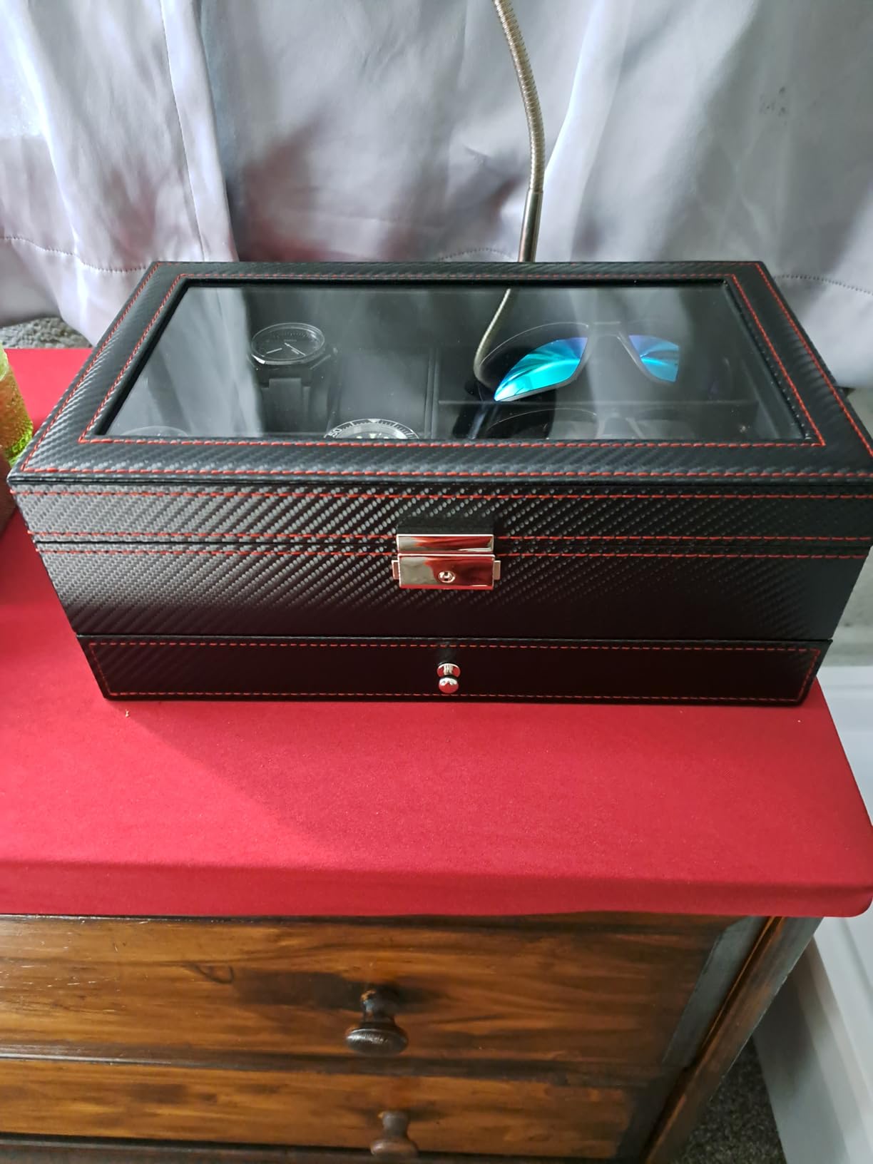 Kukikan Watch Jewelry Box Organizer, 6-Slot 2-Layer Watch Case and Sunglasses Storage with Large Glass Lid, Men's Jewelry Box with Lock, Watch Holder Display Case, Fathers Day Gift for Dad customer photo 2