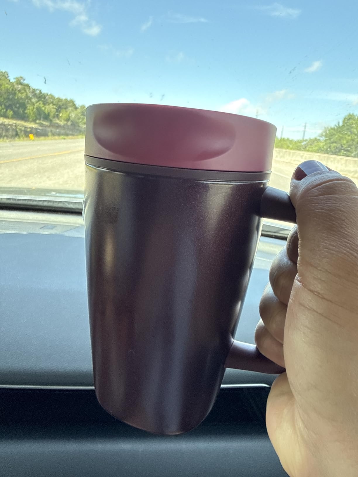 Owala SmoothSip Slider Insulated Stainless Steel Coffee Tumbler, Reusable Iced Coffee Cup, Hot Coffee Travel Mug, BPA Free 20 oz, Grey/Blue (High Dive) customer photo 2