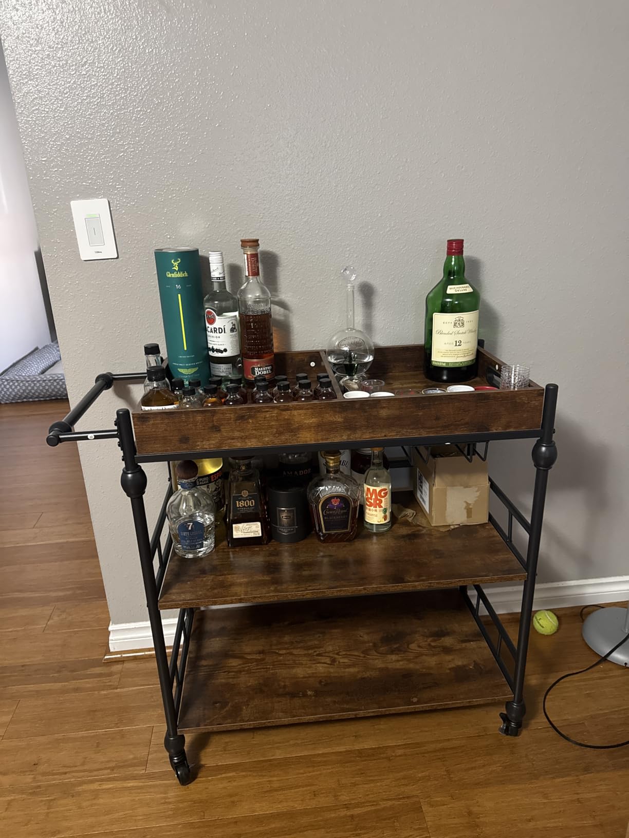 GarveeHome Bar Cart with Wheels, 3-Tier Serving Cart for Home, Mobile Rolling Beverage Cart with Wine Rack and Removable Tray for Kitchen, Dining, Living Room, Rustic Brown customer photo 1