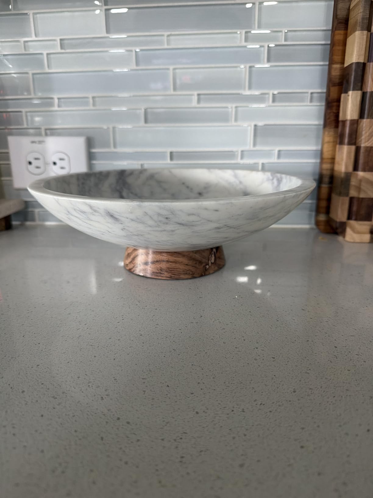 Cork & Mill Marble Decorative Bowl for Home Decor - Handcrafted Natural Stone with Acacia Wood Pedestal - Versatile 11