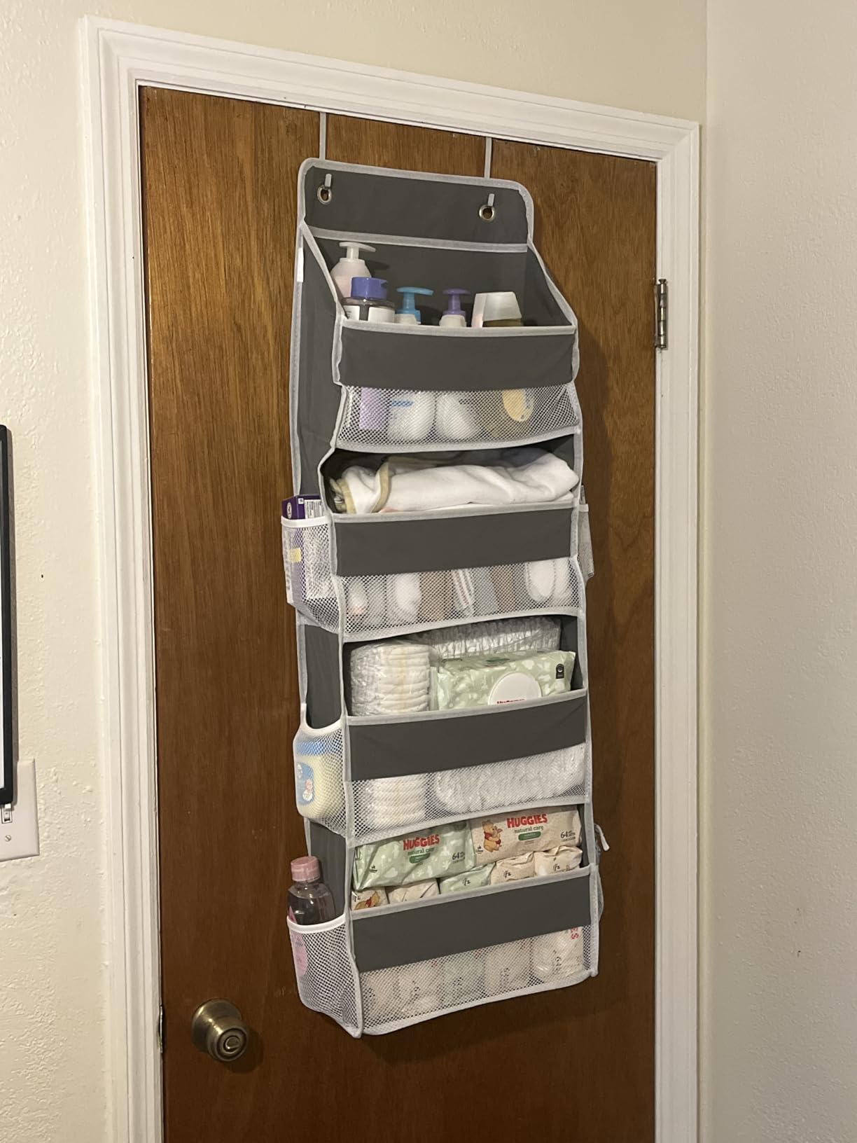 SpaceHacks 1 Pack Over The Door Organizer, Hanging Storage Organizer with Clear Window, 40lb Ultra Sturdy Large Capacity Room Organizer for Pantry Laundry Bathroom Nursery Closet Baby Essential (Grey) customer photo 2