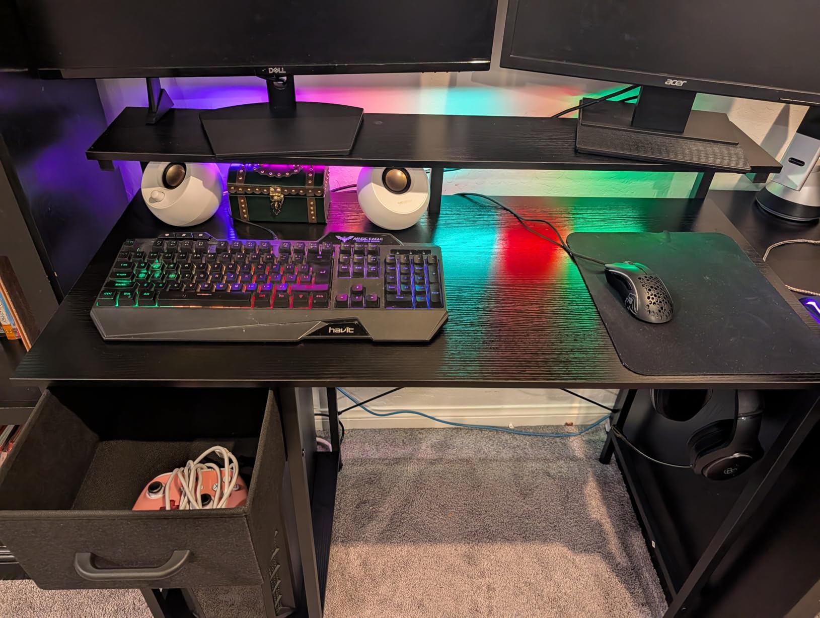 AODK Gaming Desk with LED Lights & Power Outlet, 48 Inch Computer Desk with Drawers, Reversible Small Desk with Monitor Stand & Headphone Hook for Home Office, Rustic Brown customer photo 2