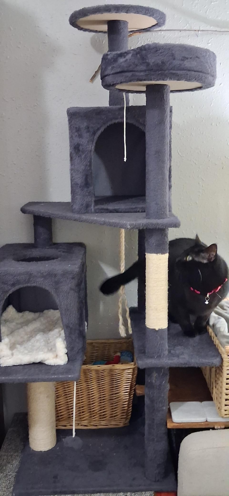 58.5inch Large Cat Tree Tower Condo for Indoor Cats, Soft Plush Multi-Level Climbing Tree Cat House with 1 360° Rotating Cat Cave, Scratching Post, More Entrance/Exit, Sisal Rope, Grey Black customer photo 2