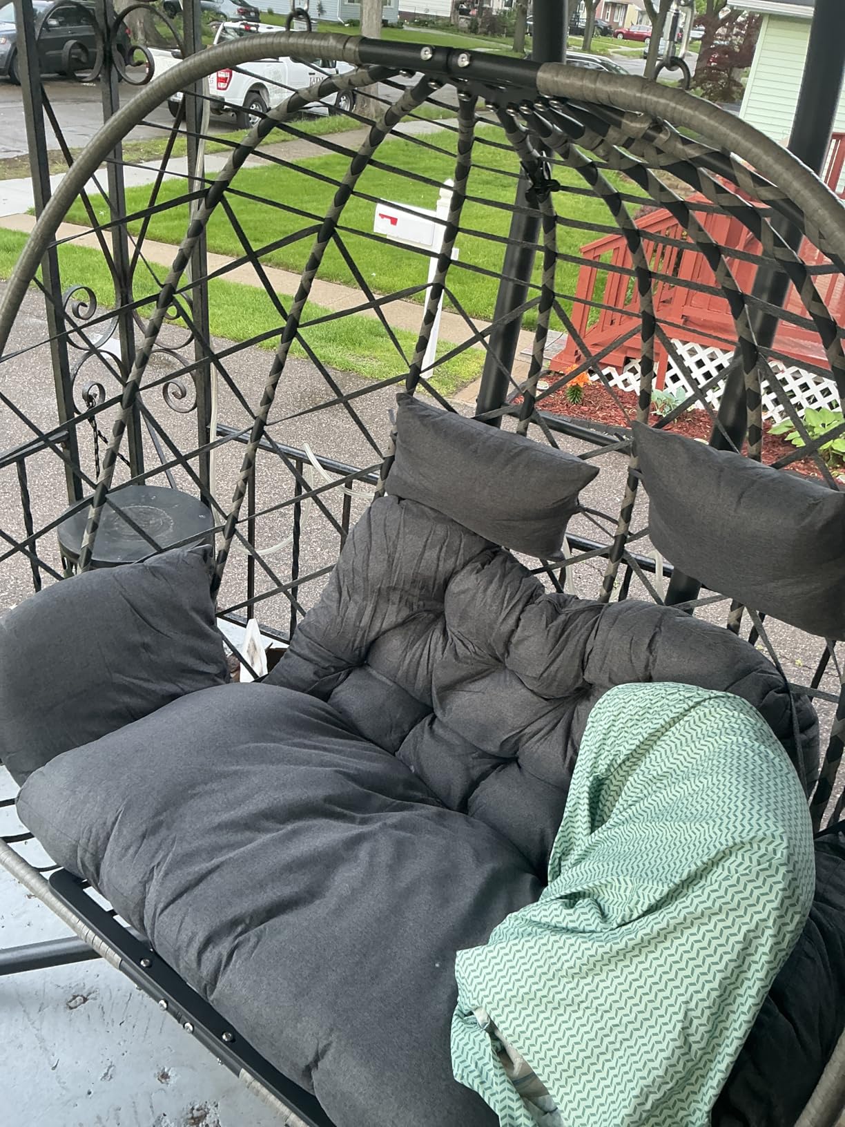 SWITTE Double Egg Swing Chair with Stand, Outdoor Patio 2 Person Hanging Wicker Hammock Chairs with Cushion for Indoor Bedroom, Lawn, Garden-Dark Grey customer photo 1