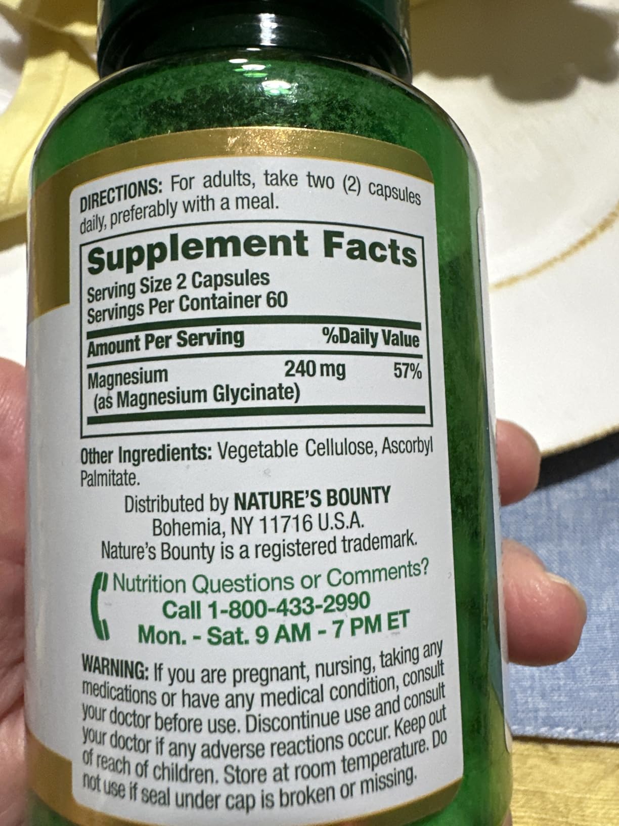 Nature's Bounty High Absorption Magnesium Glycinate 240 mg for Supporting Muscle Relaxation and Bone, Heart & Nerve Health - Non-GMO, Gluten-Free, Vegetarian, 120 Count/60 Servings customer photo 2