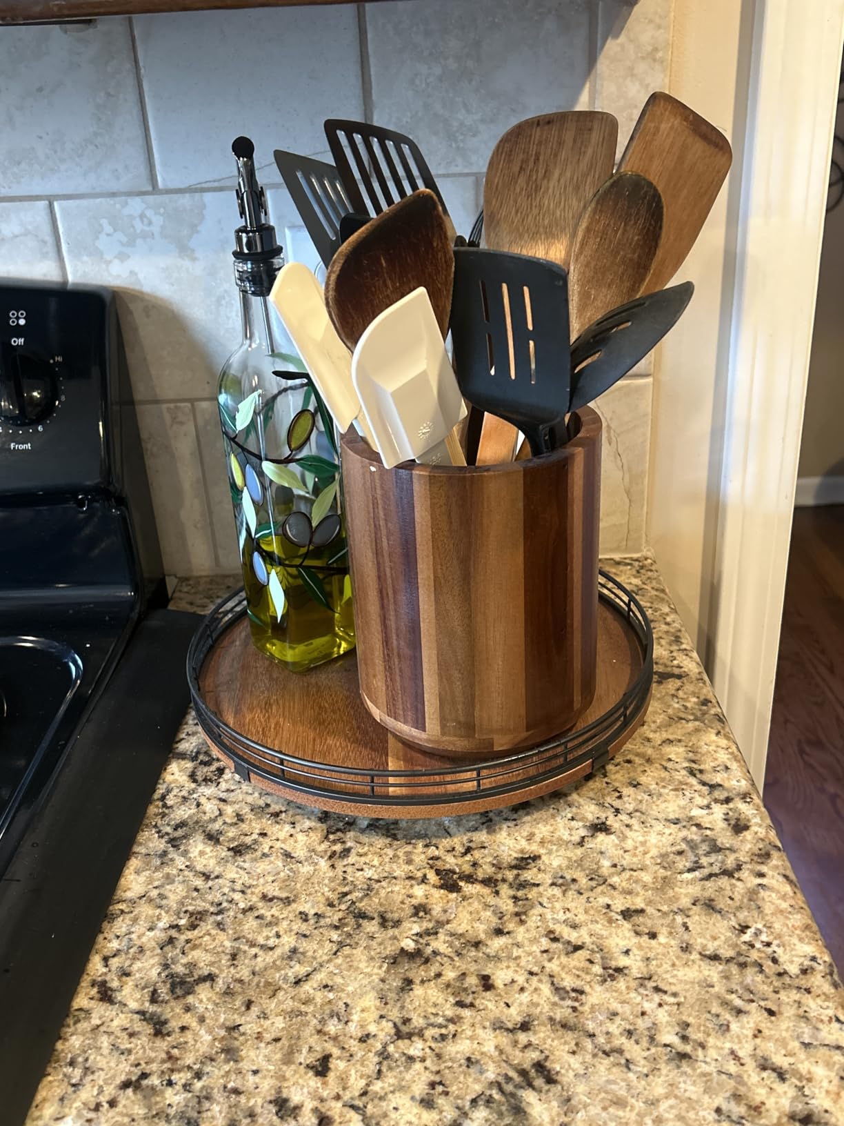 Utensil Holder, Acacia Wood Kitchen Utensil Holder for Countertop, 360° Rotating Cooking Utensil Crock for Kitchen Counter, 7.2