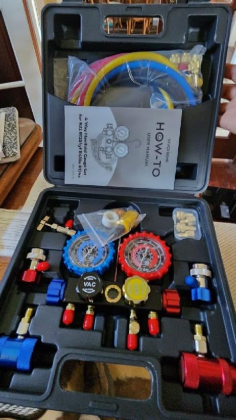 VIVOHOME HVAC 4 Way Manifold Gauge Set with R134a R1234yf Quick Couplers and Can Taps, Automotive Residential AC Gauges for R134a R410a R22 R32 R1234yf Refrigerant, Car Freon Charging & Evacuation customer photo 2