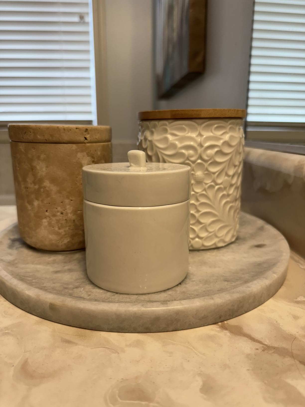 Engraved Design Kitchen Canisters Set of 3 with 74 Oz, 36 Oz, and 18 Oz - White Storage Jars for Countertop with Airtight Bamboo Lids - Decorative customer photo 2