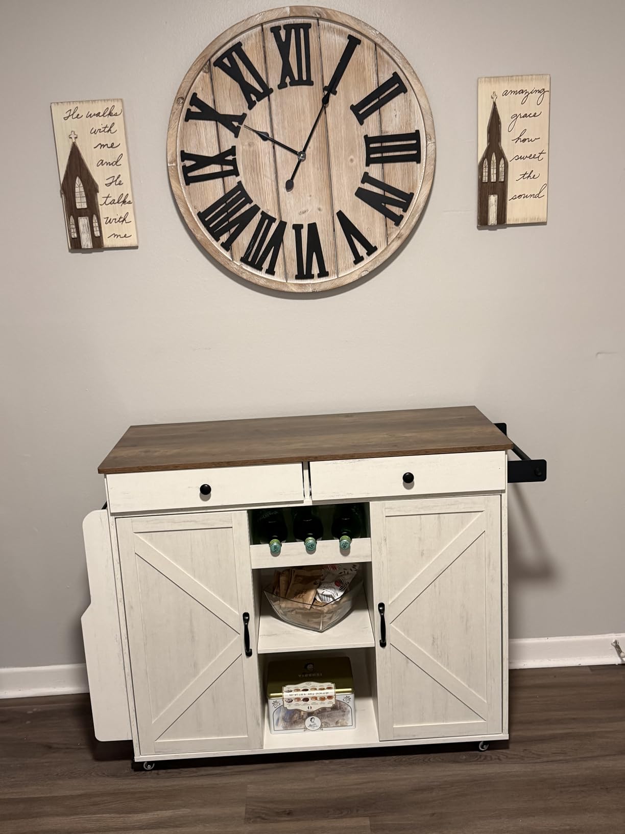 VASAGLE Mobile Kitchen Island with Drop Leaf, Portable Island with Spice Rack, Mobile Cart with Storage Cabinet, 17.7-28.7 x 49.3 x 36 Inches, for Dining Room, Rustic White and Honey Brown UKKI012W01 customer photo 1
