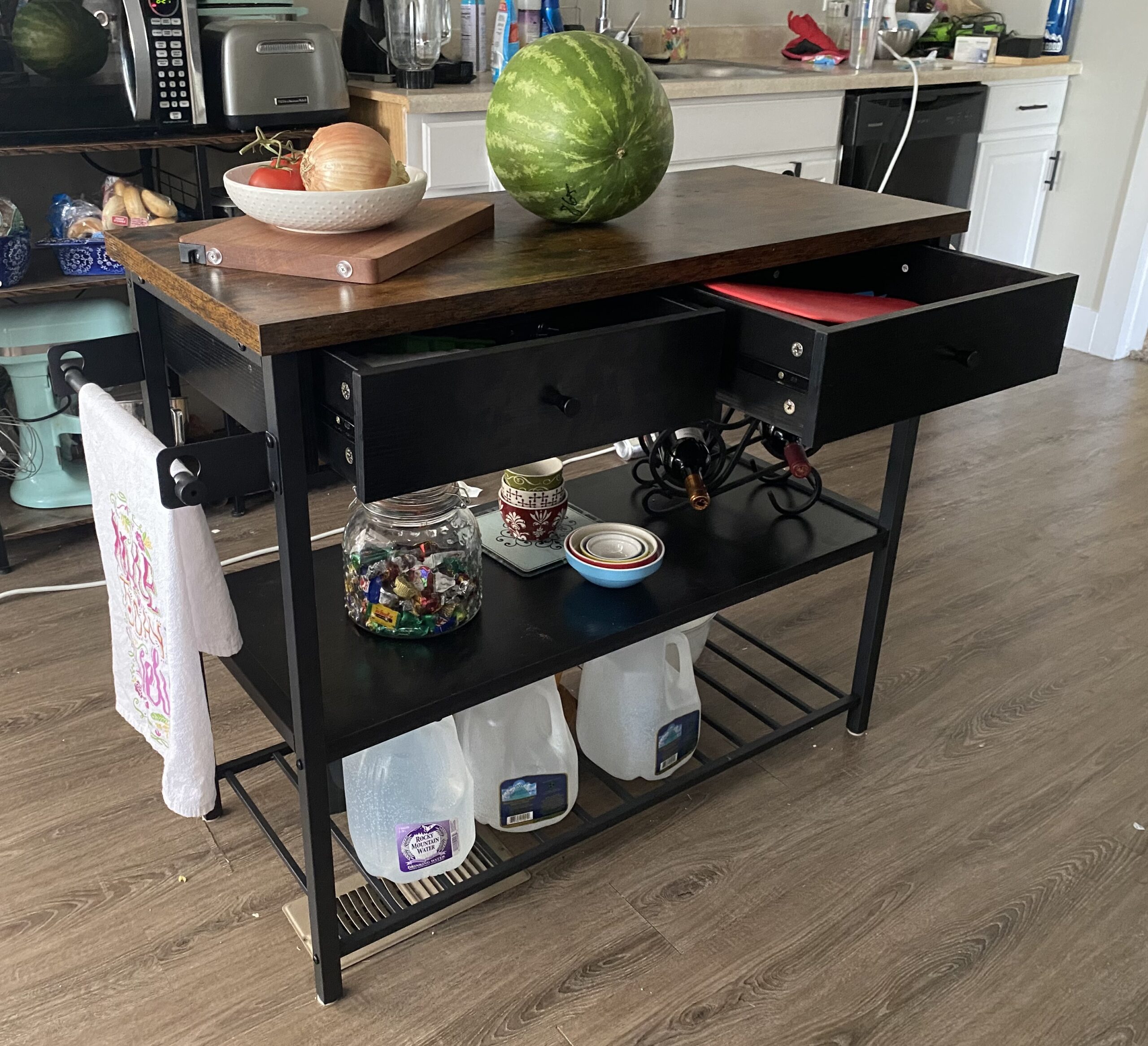 VASAGLE Mobile Kitchen Island with Drop Leaf, Portable Island with Spice Rack, Mobile Cart with Storage Cabinet, 17.7-28.7 x 49.3 x 36 Inches, for Dining Room, Rustic White and Honey Brown UKKI012W01 customer photo 2