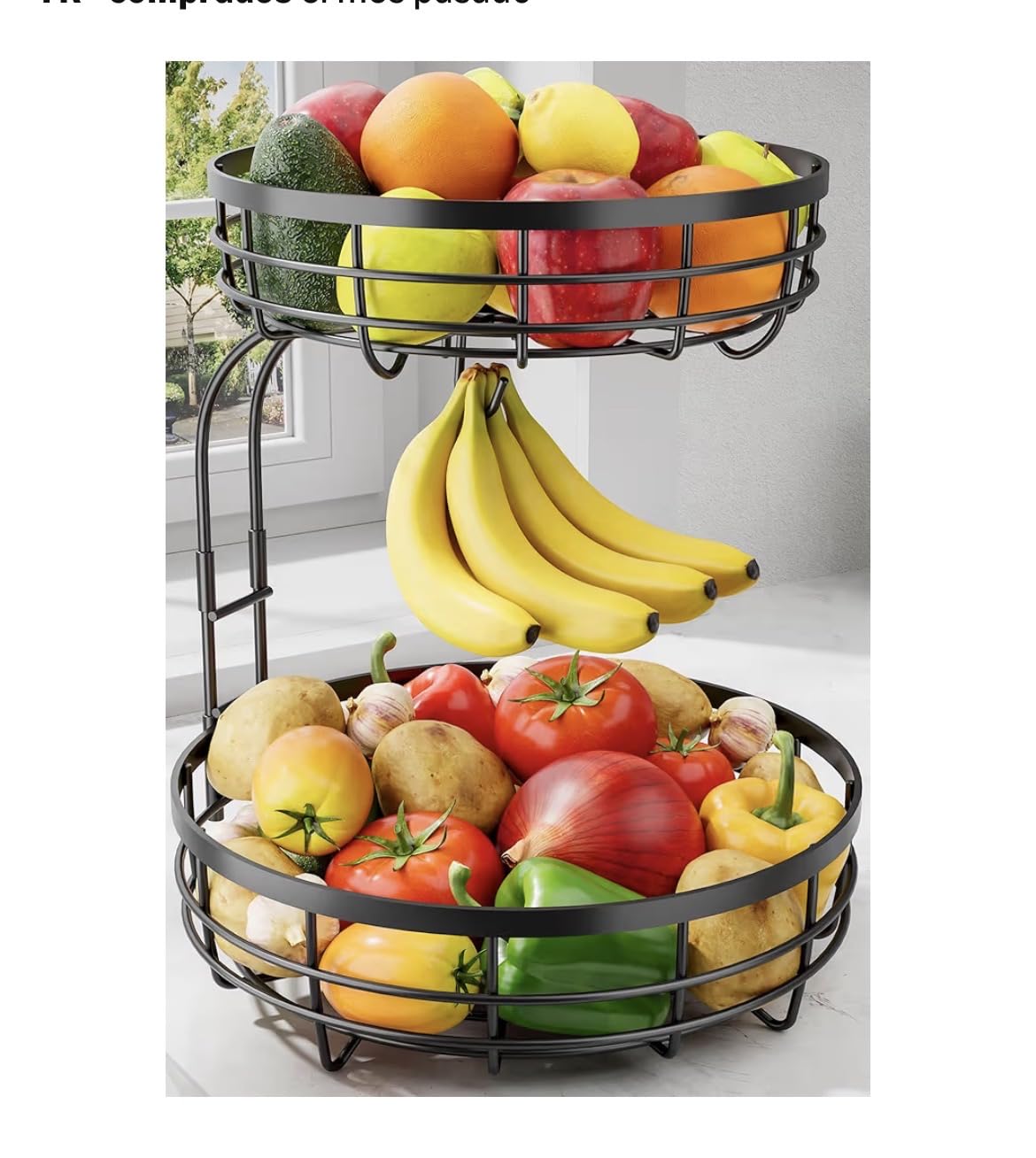 Sakugi Fruit Basket for Kitchen Counter - 2-Tier Large Capacity Fruit Bowl with Detachable Banana Hanger, Rust-Proof Metal Fruit Holder for Vegetables, Bread, Toiletry, 10