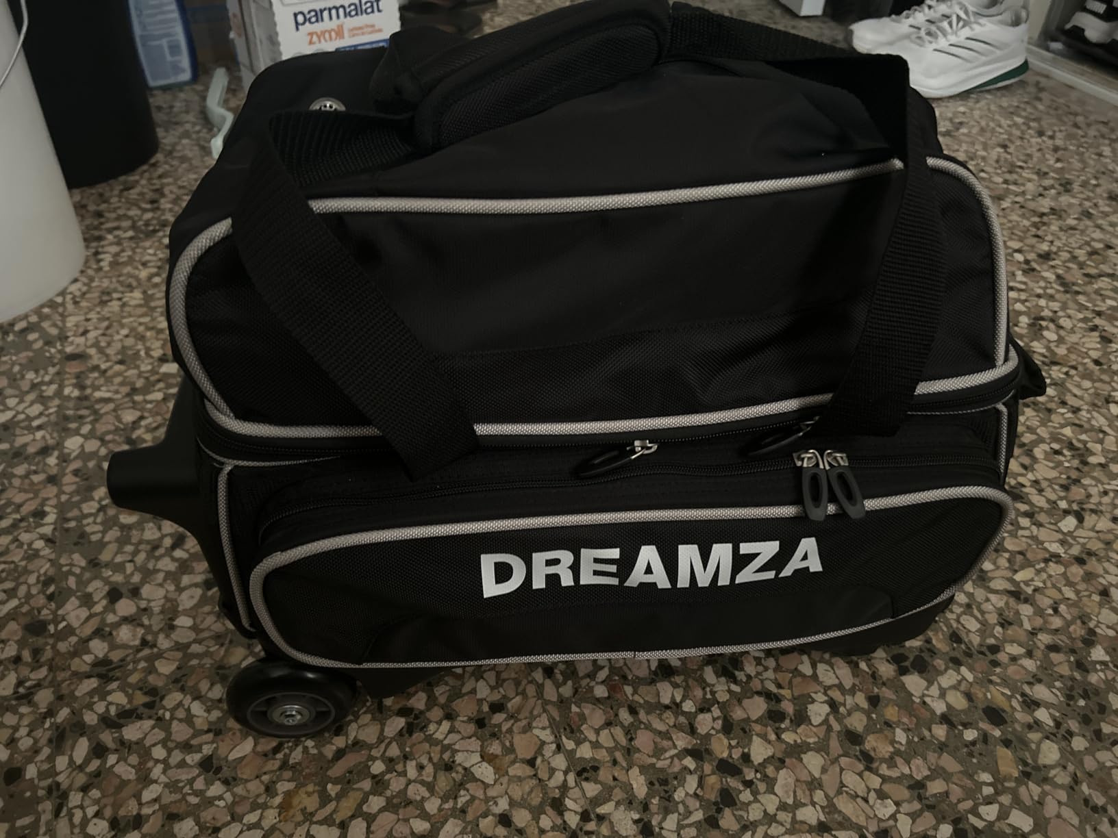 2 Ball Bowling Bag with Wheels, Double Bowling Ball Bag 2 Ball Roller w/Separate Compartment for Shoes Up to US Mens Size 16, w/Retractable Handle Extends to 40