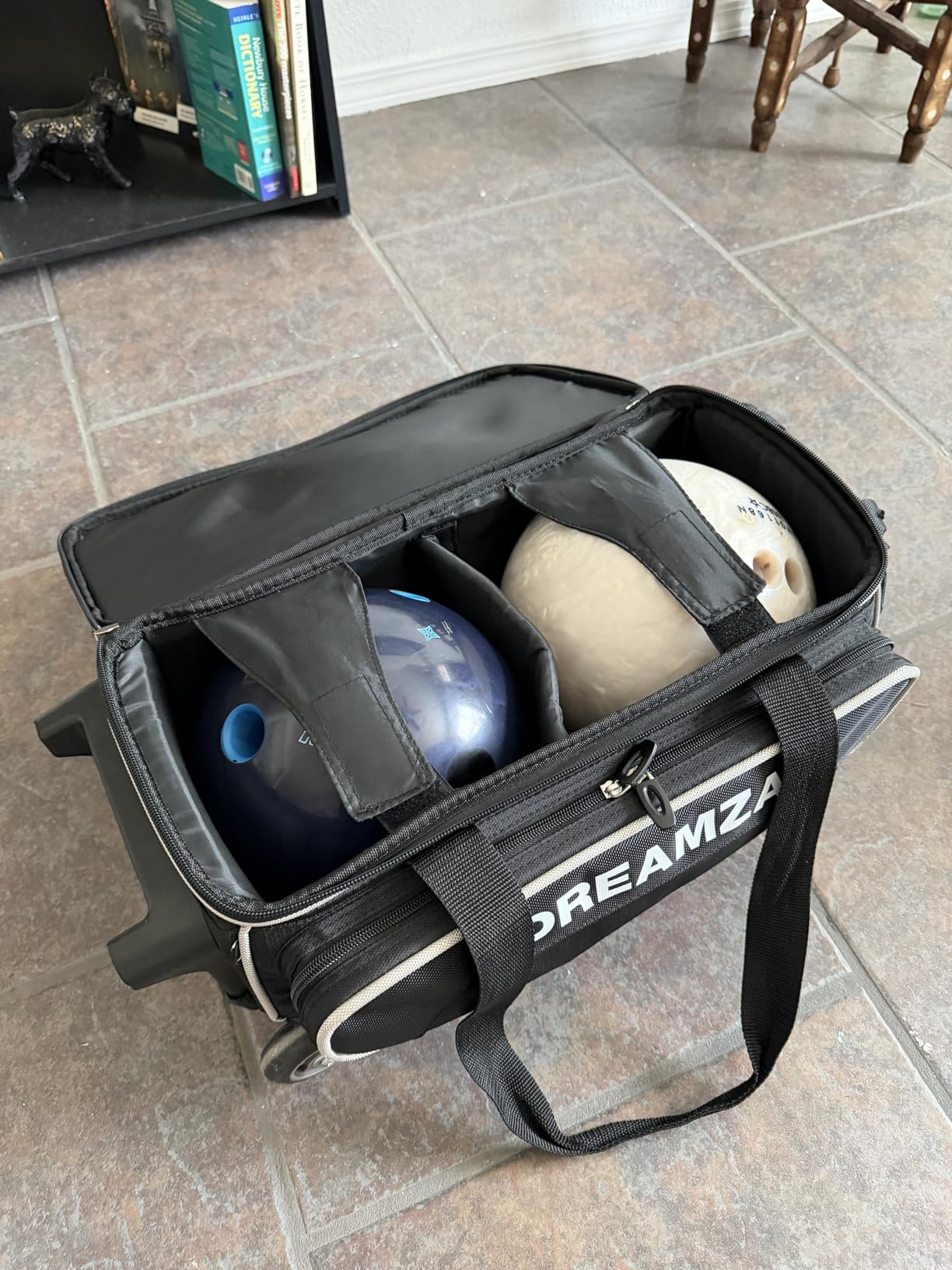 2 Ball Bowling Bag with Wheels, Double Bowling Ball Bag 2 Ball Roller w/Separate Compartment for Shoes Up to US Mens Size 16, w/Retractable Handle Extends to 40
