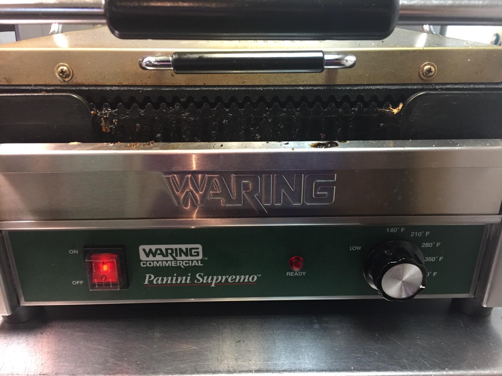 Waring Commercial Panini Press with Programmable Timer, Ribbed Cast Iron Plates, 14.5